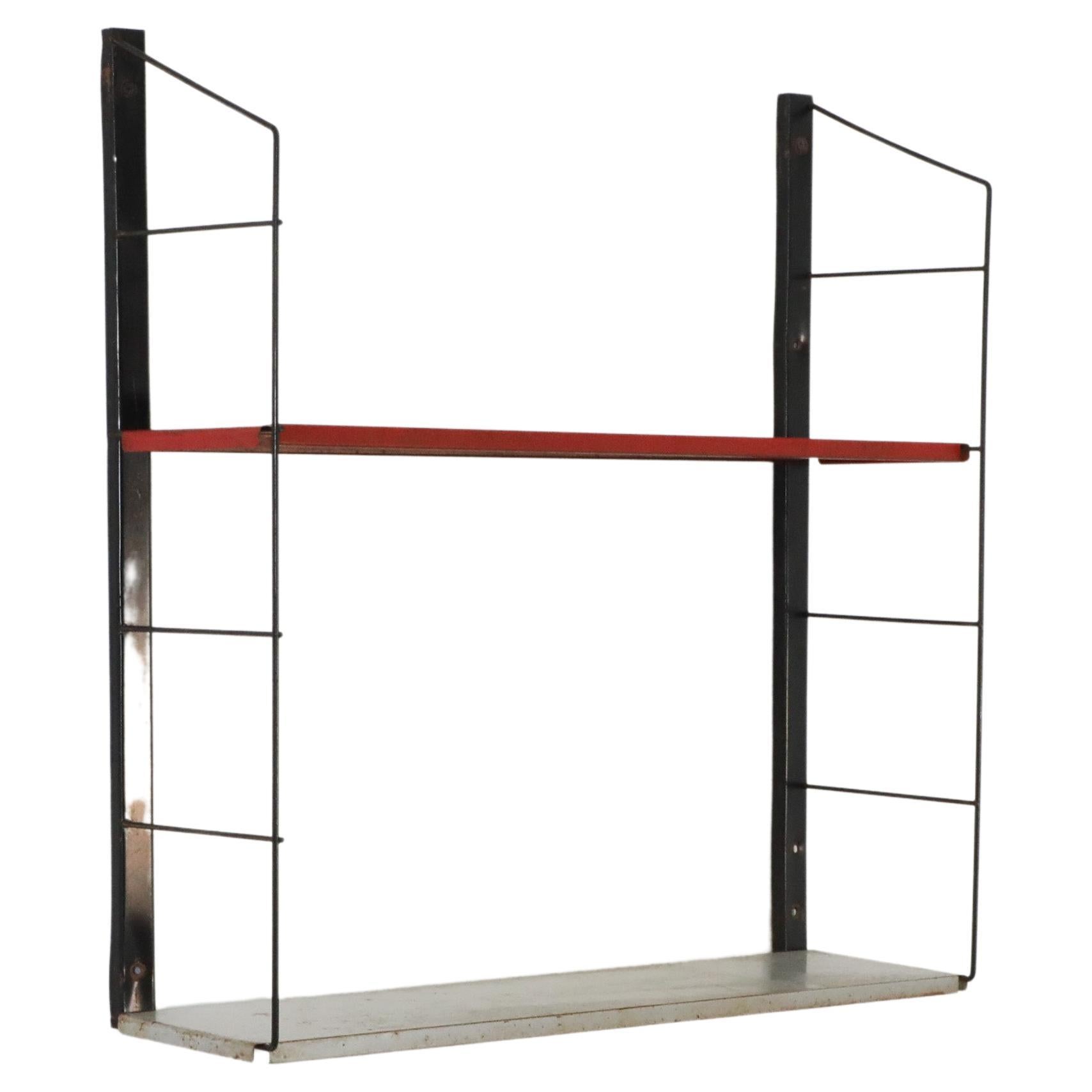 Industrial Wall Mount Shelving with Gray and Red Shelves