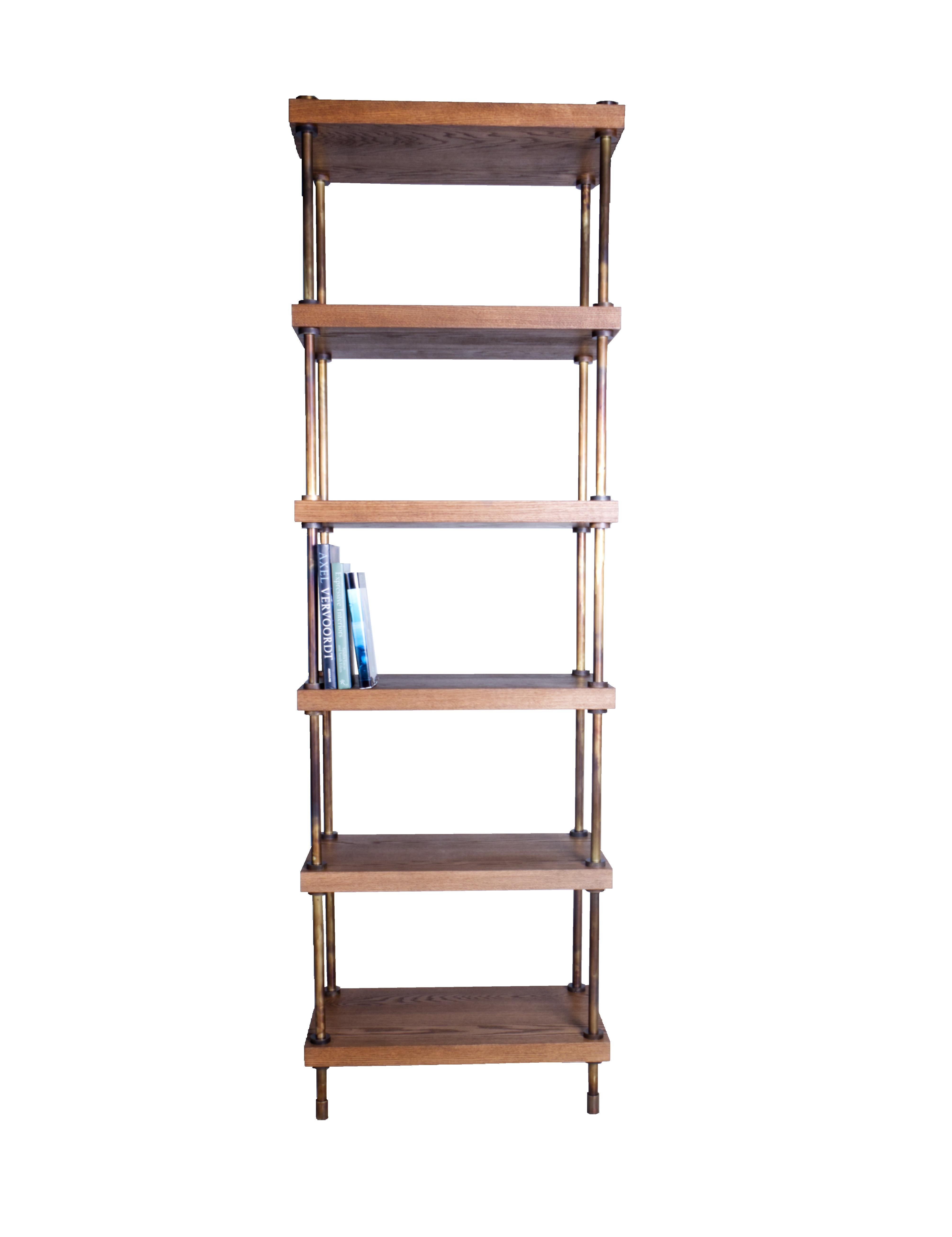 Custom industrial walnut bookshelf with brass elements.Designed by Brendan Bass for the Vision and Design Collection, by using high quality materials and textures. All materials are sourced from local vendors throughout the state of Texas. The