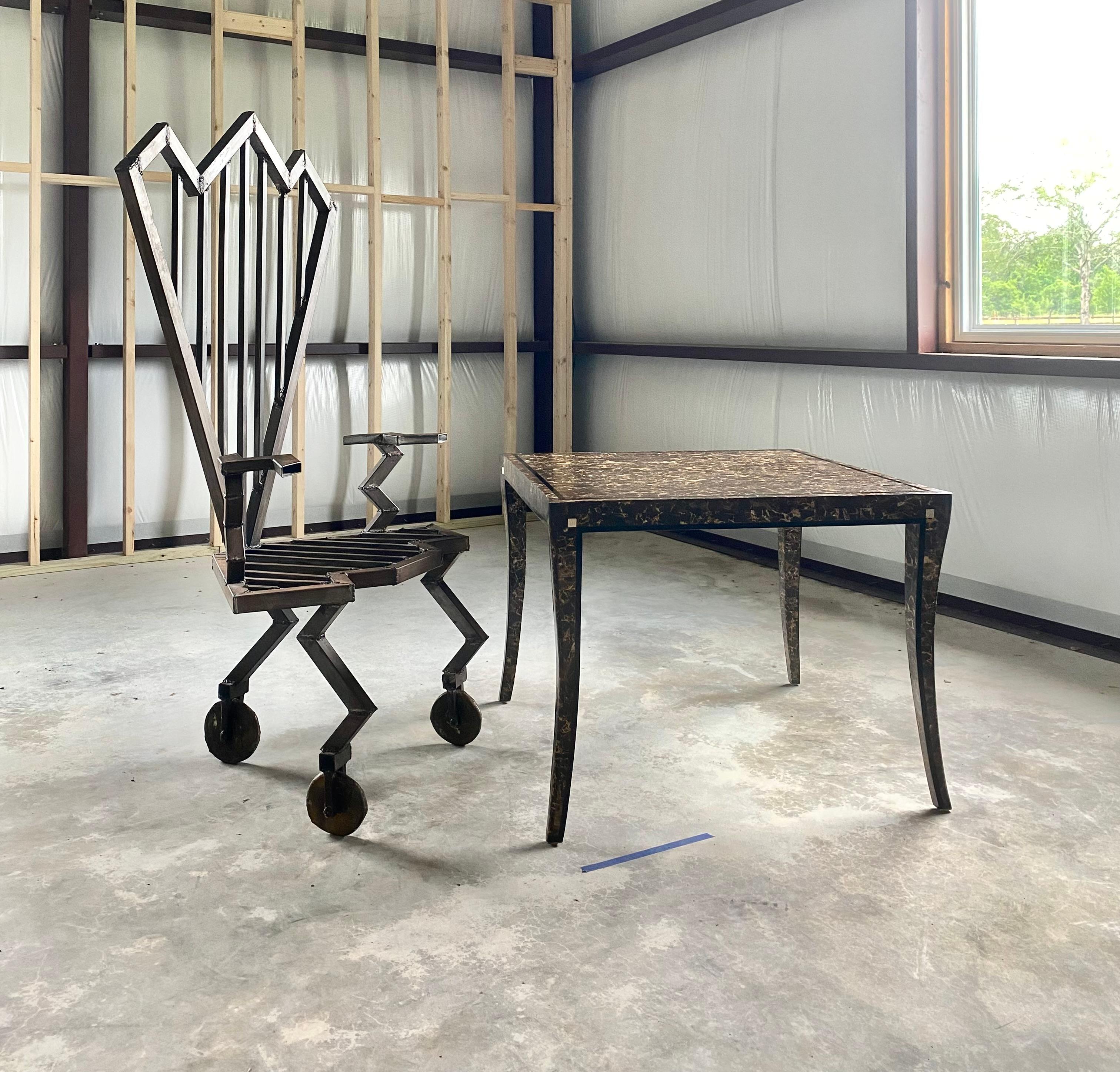 Industrial Welded Steel Artist-Made Chair on Brass Casters (Industriell) im Angebot