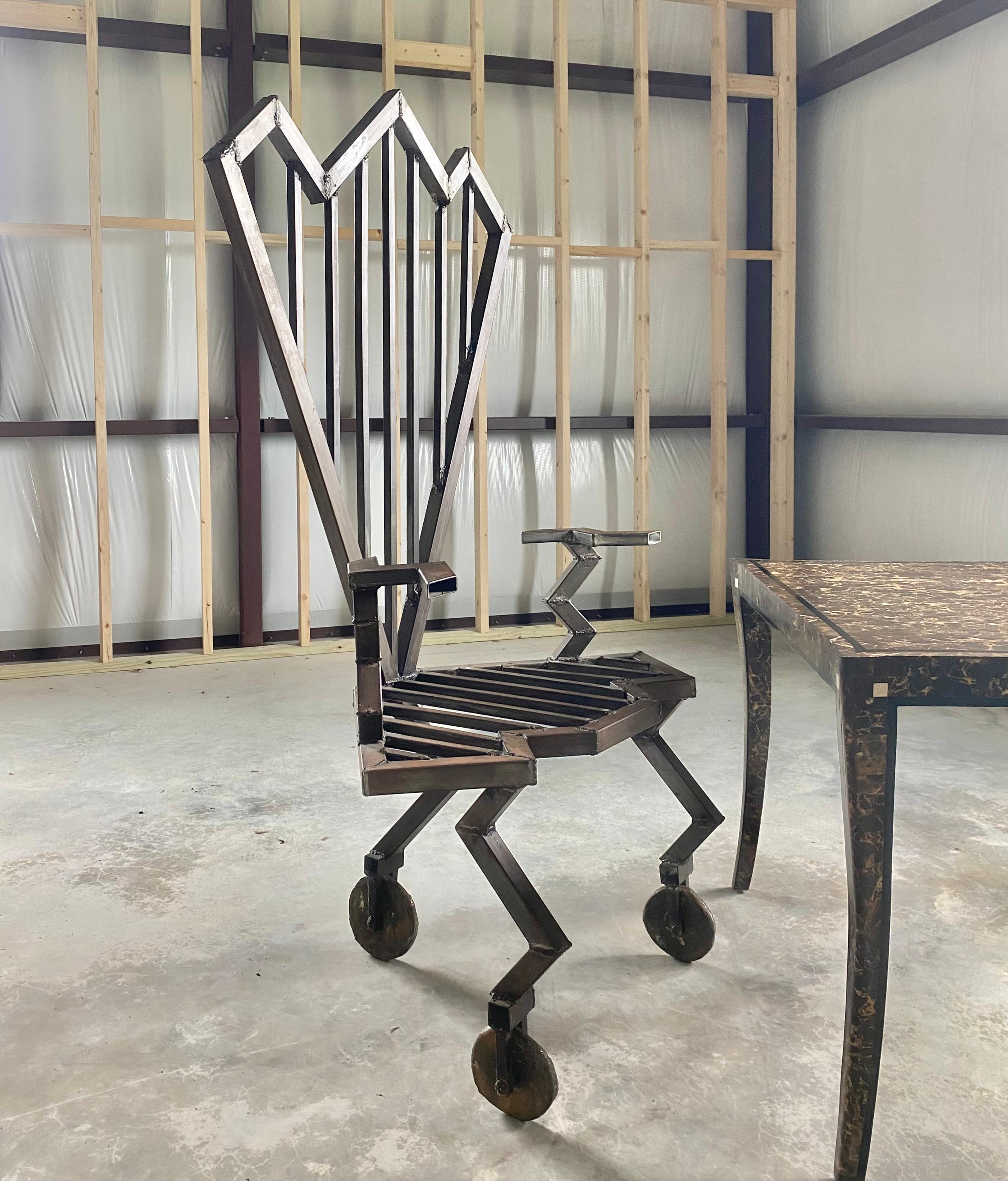 Industrial Welded Steel Artist-Made Chair on Brass Casters (amerikanisch) im Angebot