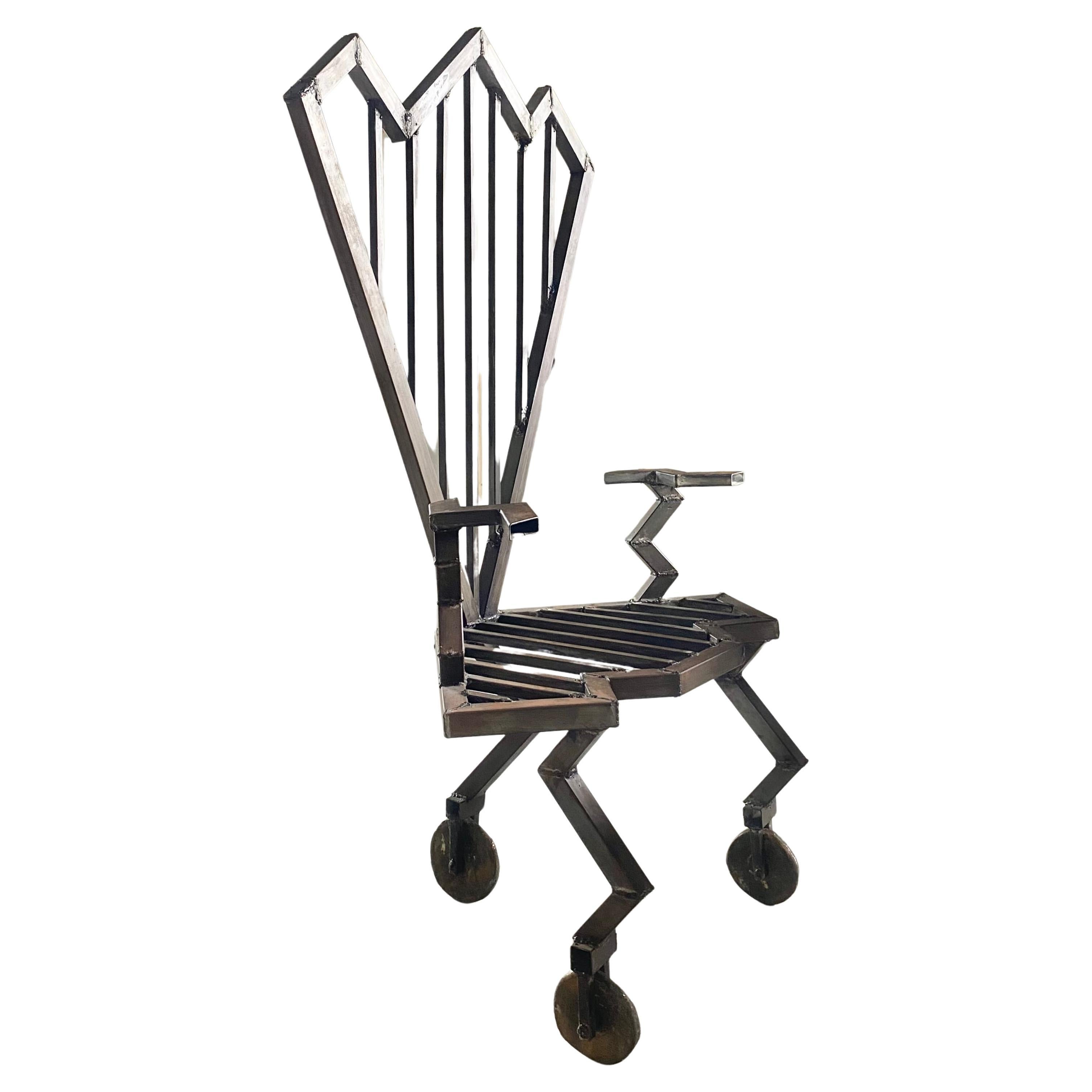 Industrial Welded Steel Artist-Made Chair on Brass Casters im Angebot