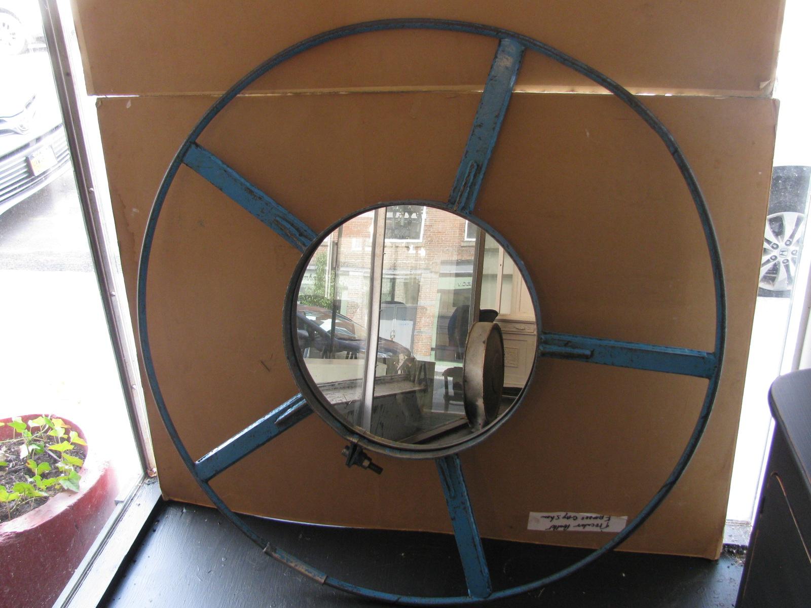 20th Century Industrial Wheel Mirror in Blue Iron