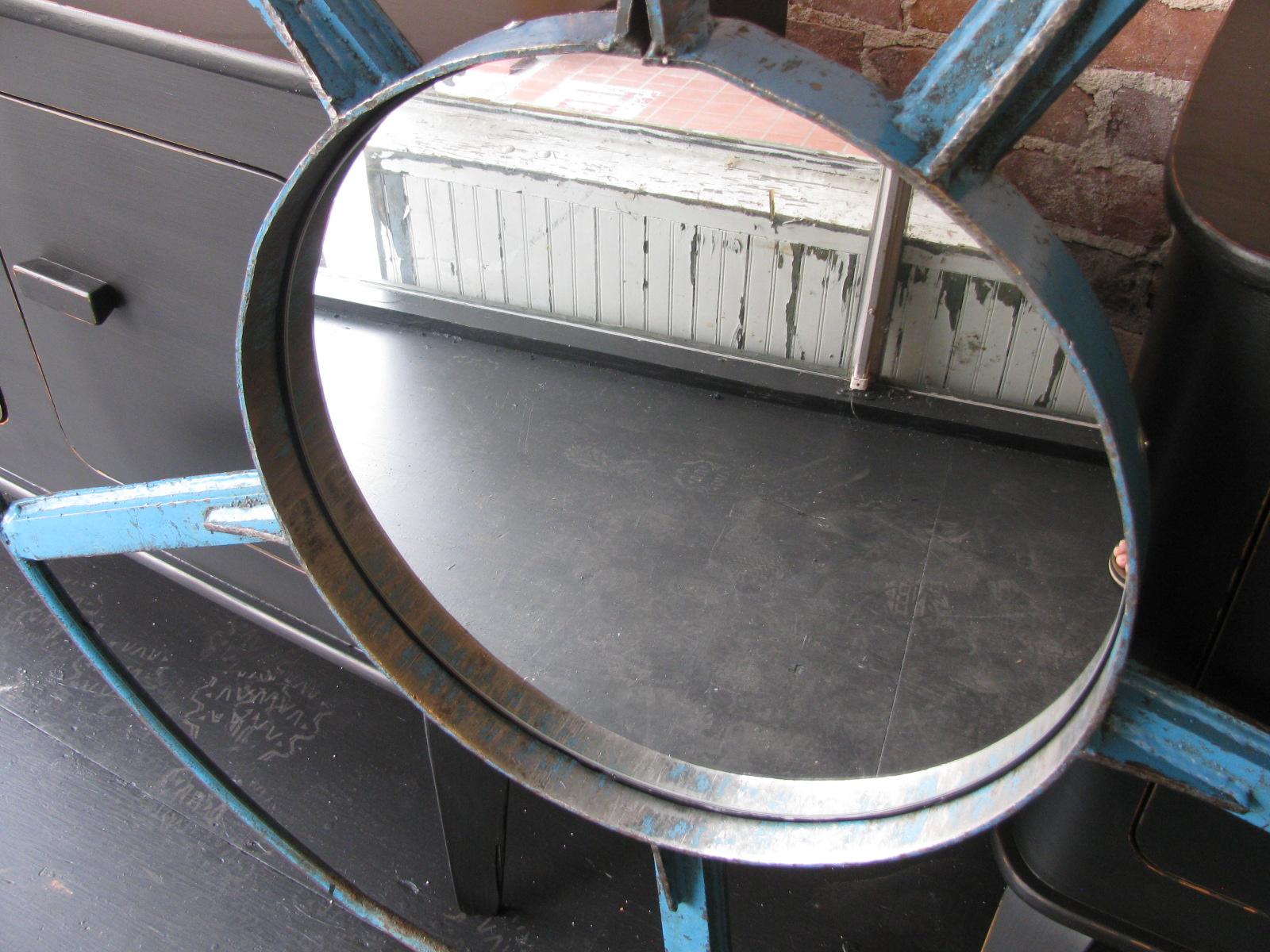 Industrial Wheel Mirror in Blue Iron 1