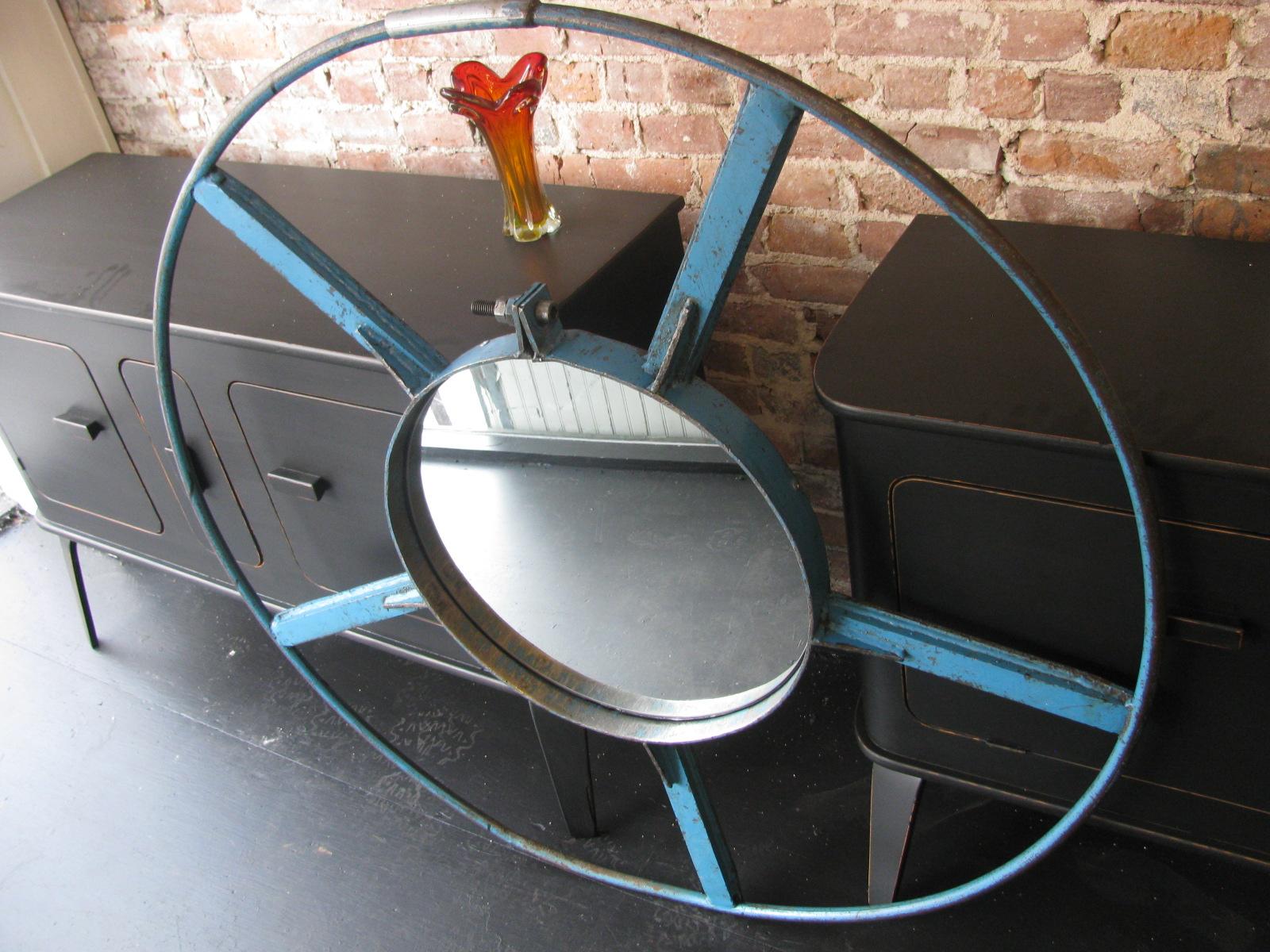 Industrial Wheel Mirror in Blue Iron 2