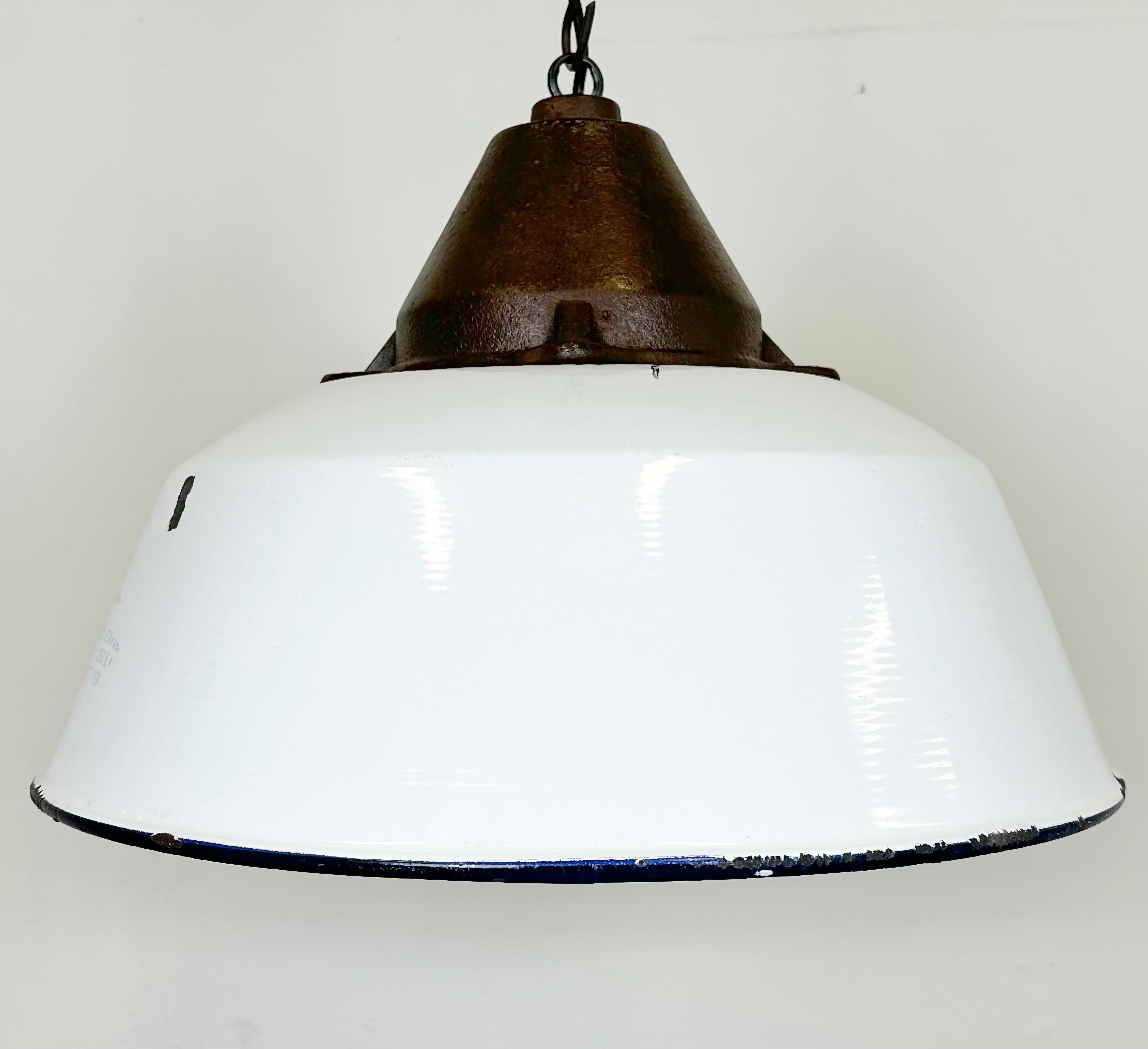 Hungarian Industrial White Enamel and Cast Iron Pendant Light, 1960s For Sale