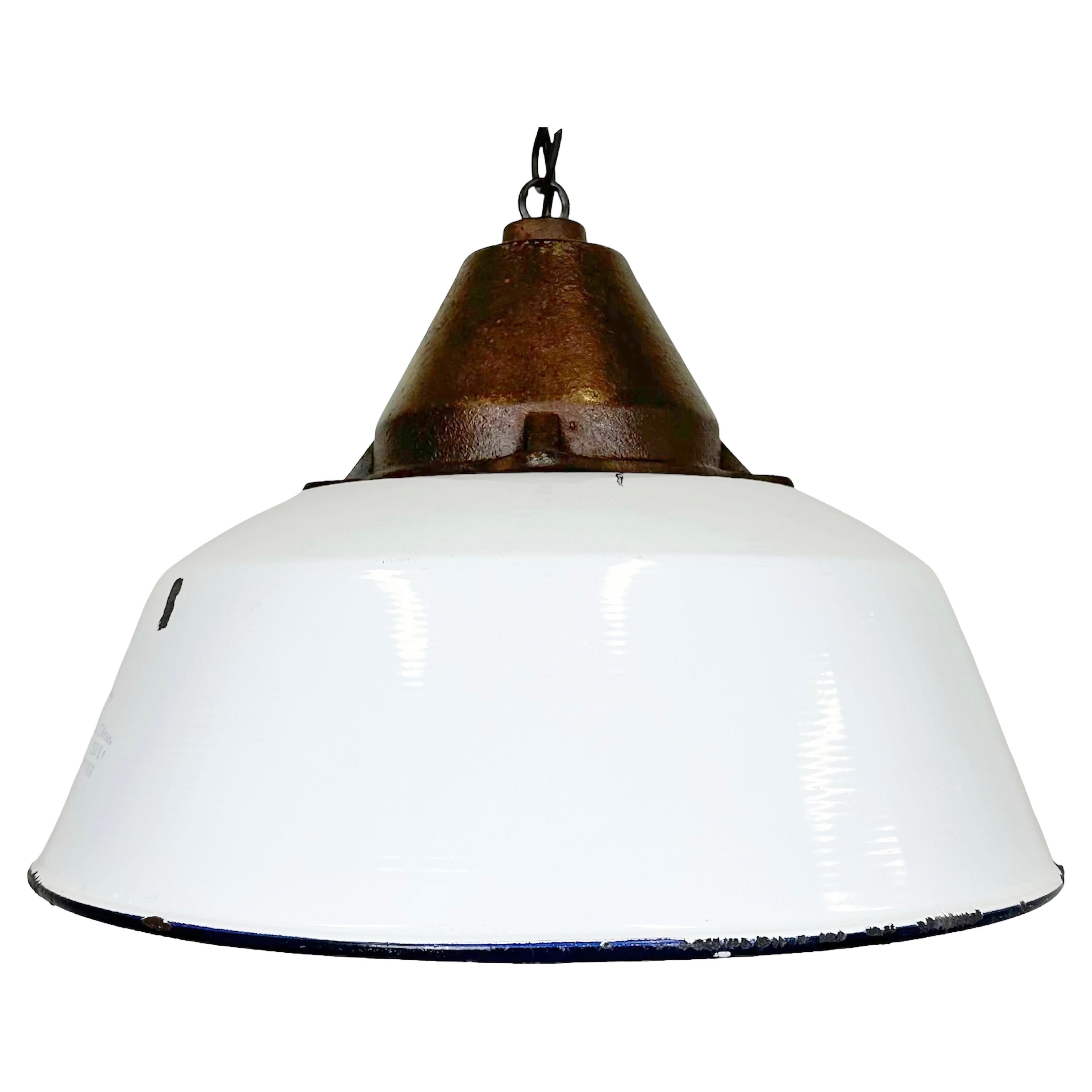 Industrial White Enamel and Cast Iron Pendant Light, 1960s For Sale