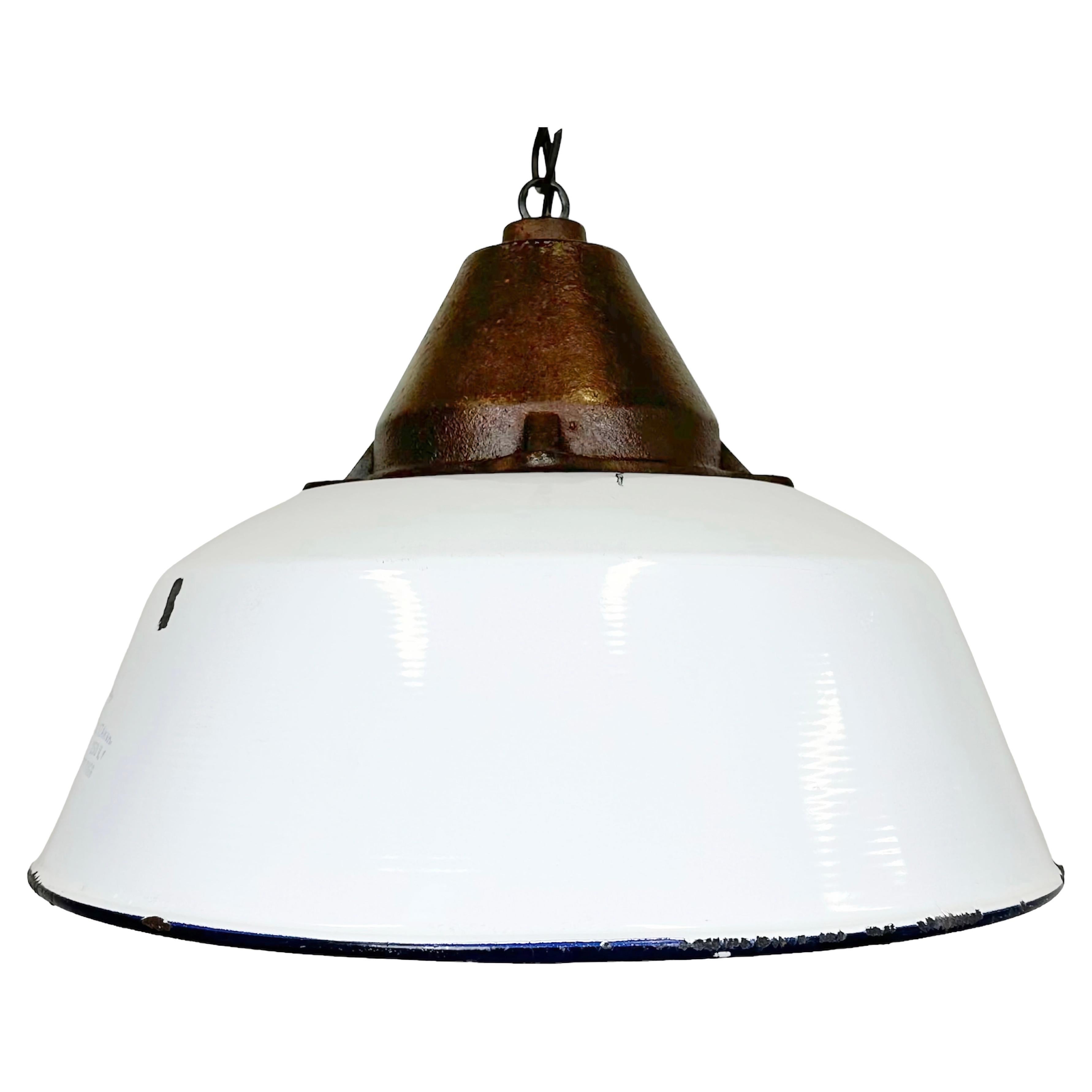 Industrial White Enamel and Cast Iron Pendant Light, 1960s