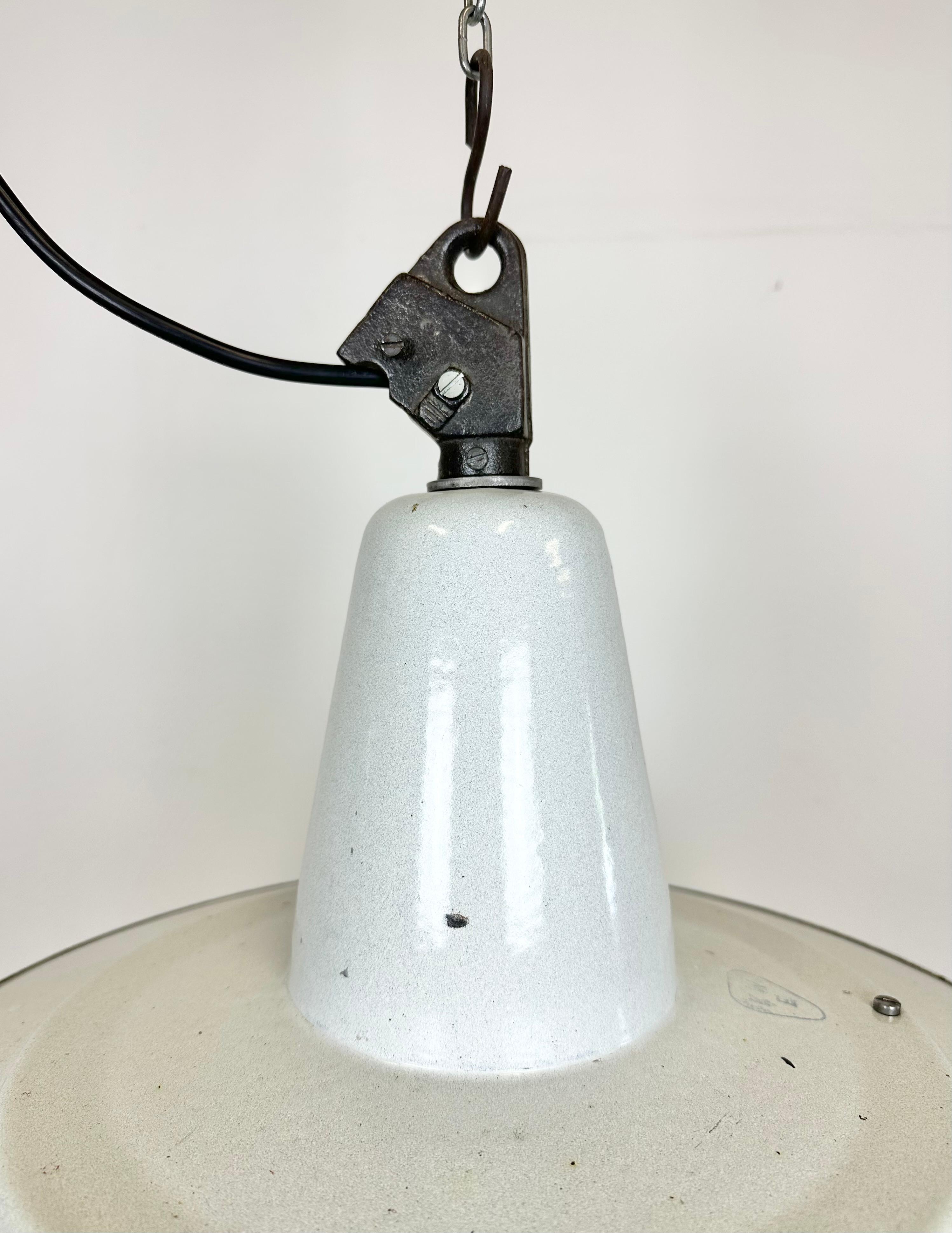 Cast Industrial White Enamel Factory Pendant Lamp, 1960s For Sale