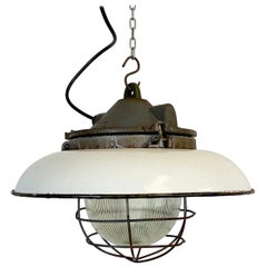 Industrial White Enamel Factory Pendant Lamp in Cast Iron, 1950s