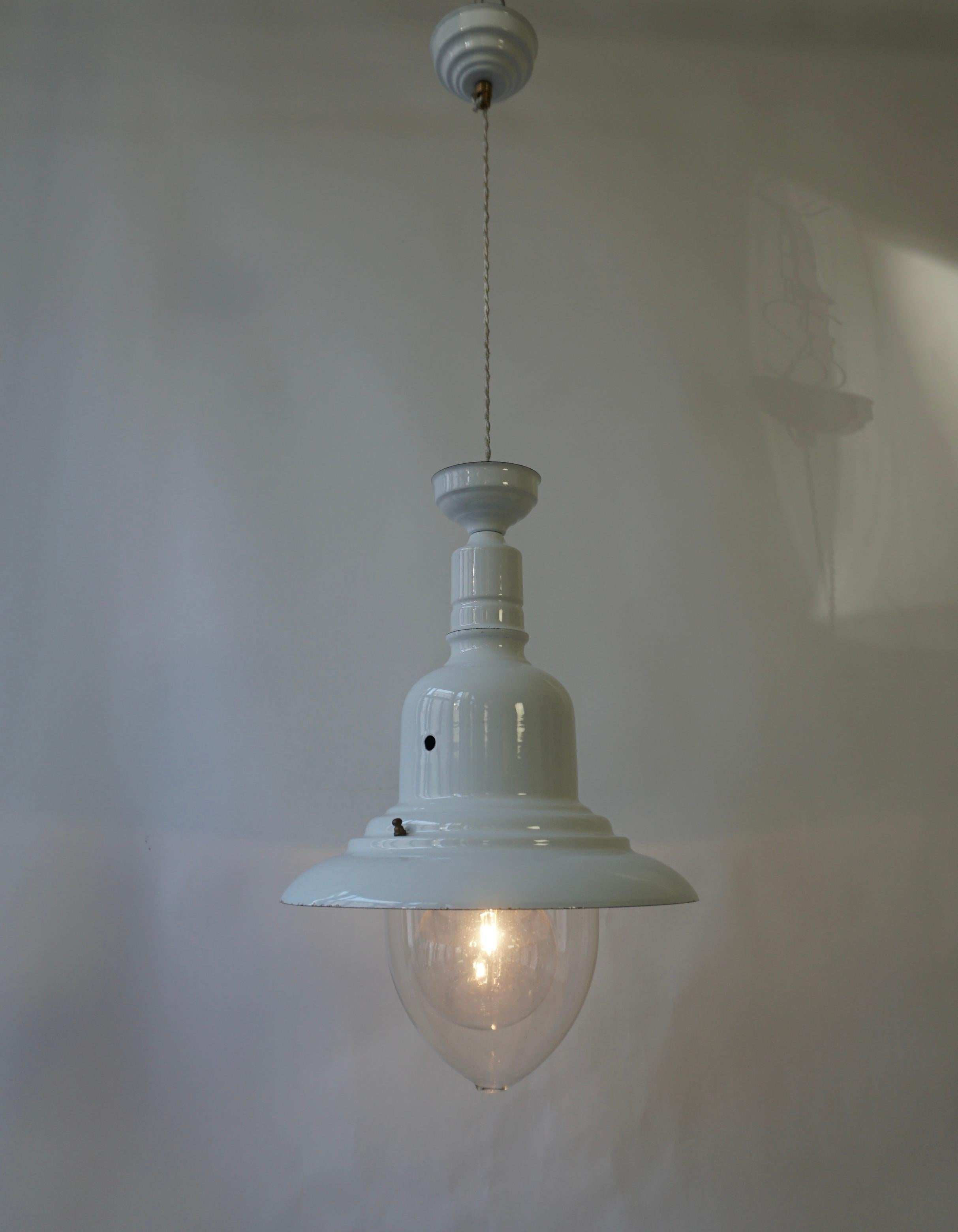 Enameled Industrial White Enamel Pendant Lamp, 1960s For Sale