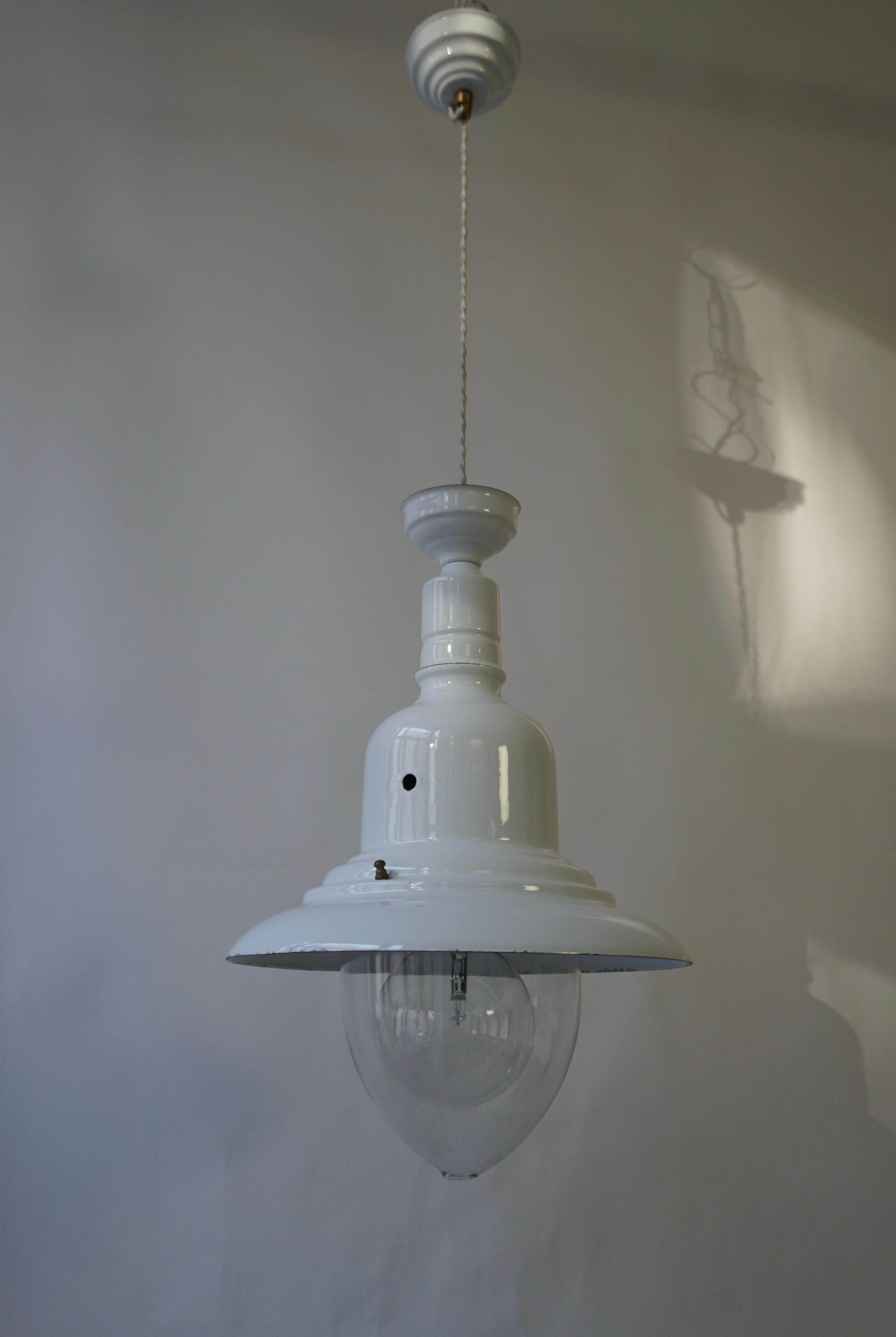 Industrial White Enamel Pendant Lamp, 1960s For Sale 1