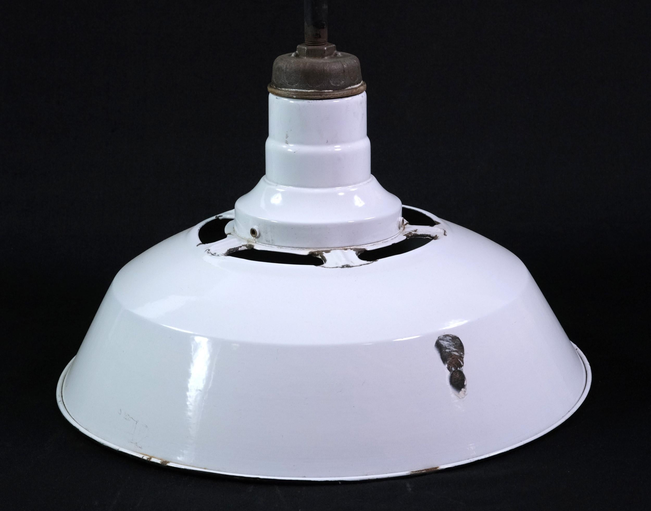 American Industrial White Enamel Slotted Top Factory Pendant Light Quantity Available