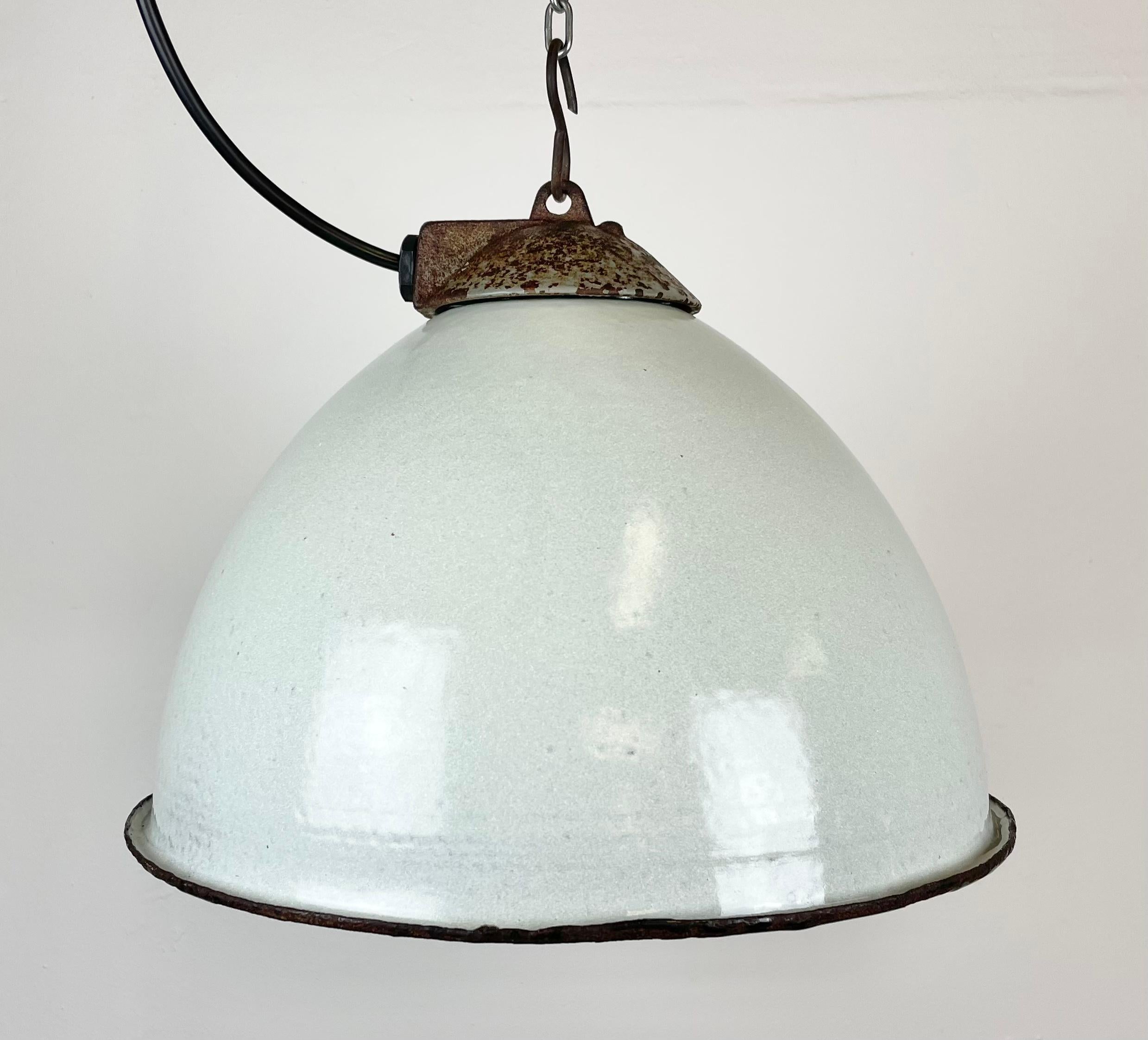 Polish Industrial White Grey Enamel Factory Lamp with Cast Iron Top, 1960s For Sale