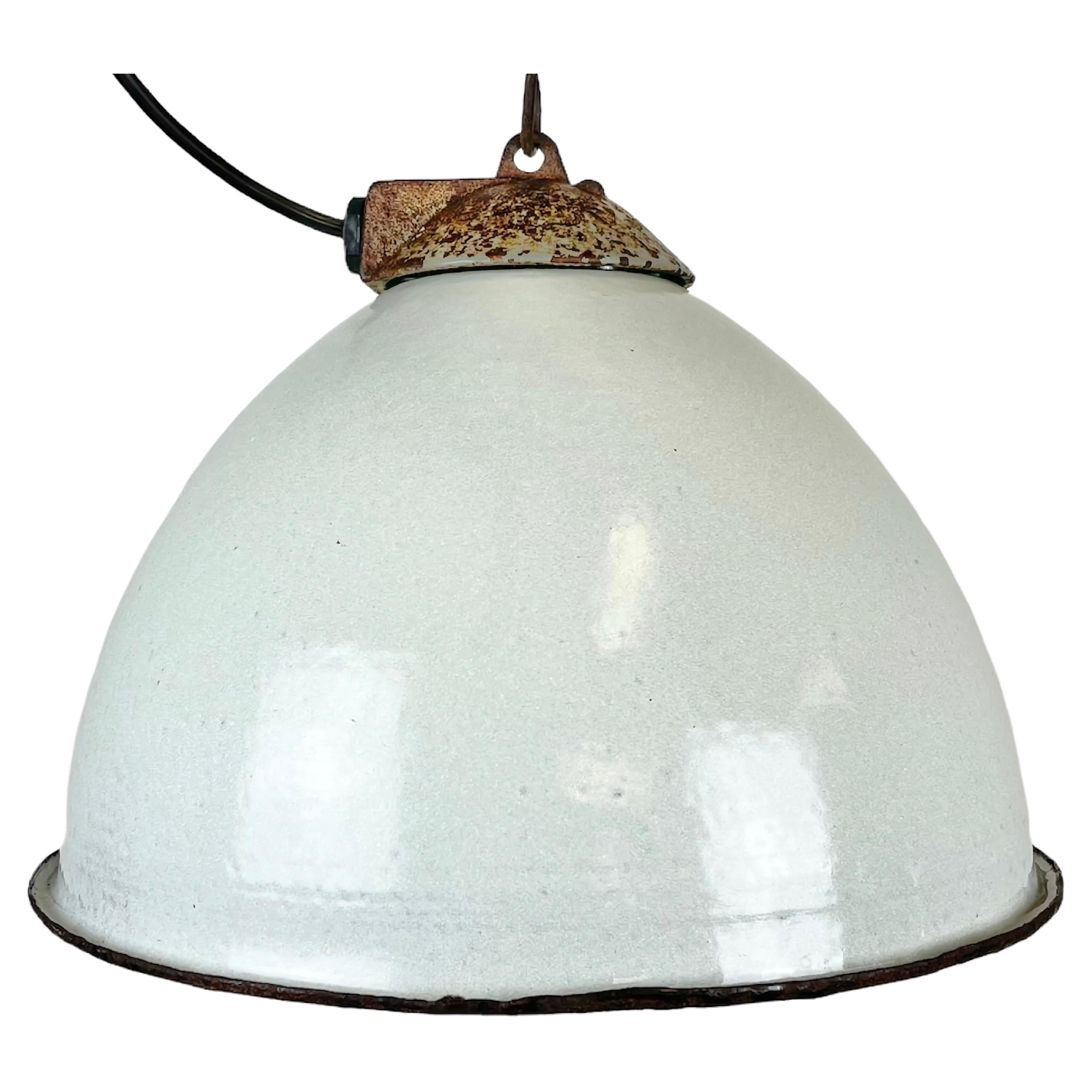 Industrial White Grey Enamel Factory Lamp with Cast Iron Top, 1960s For Sale