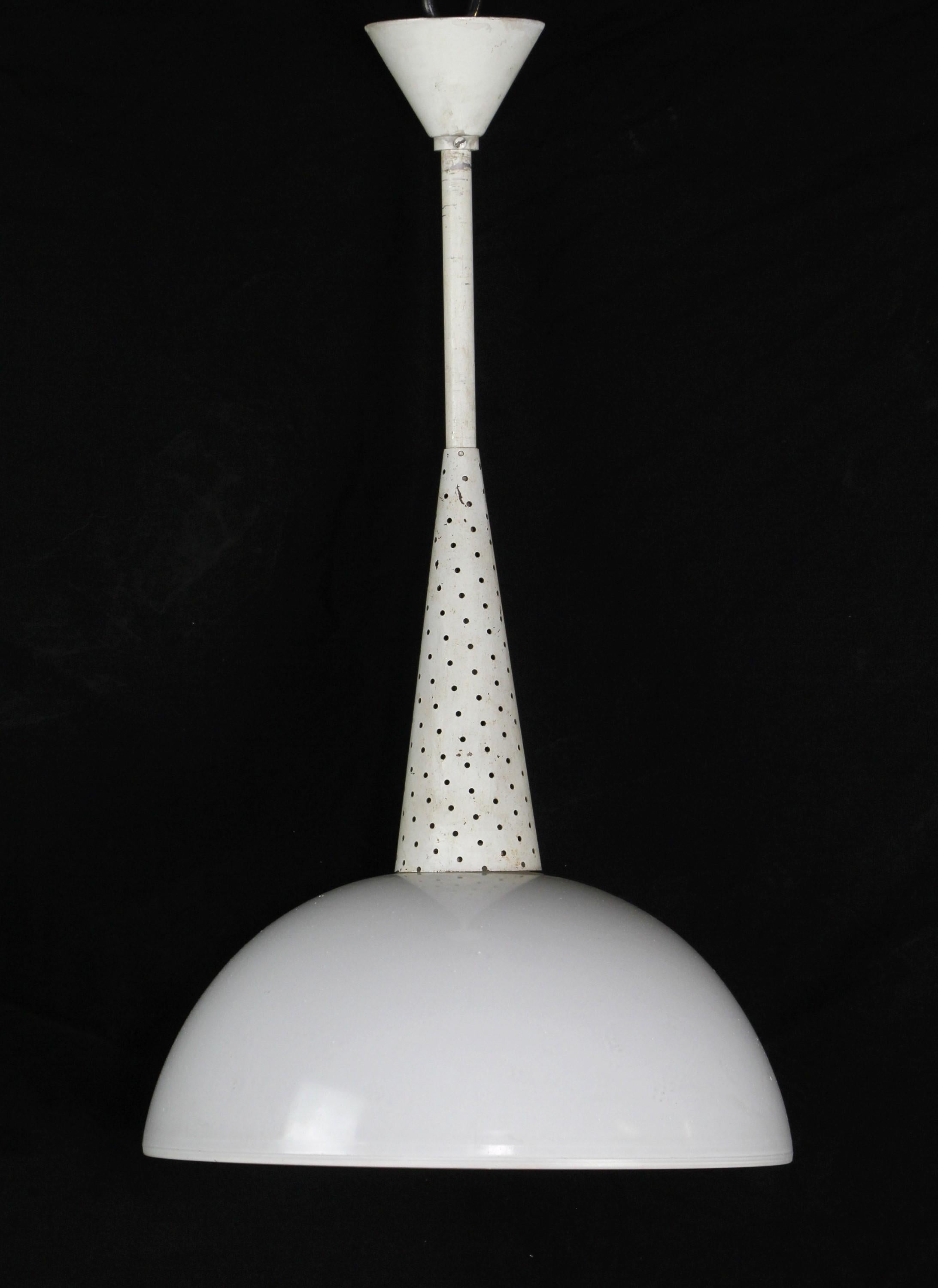 European milk glass pendant light with clear glass bottom shade and white steel frame. Small quantity available at time of posting. Priced each. Please inquire. Please note, this item is located in our Scranton, PA location.
