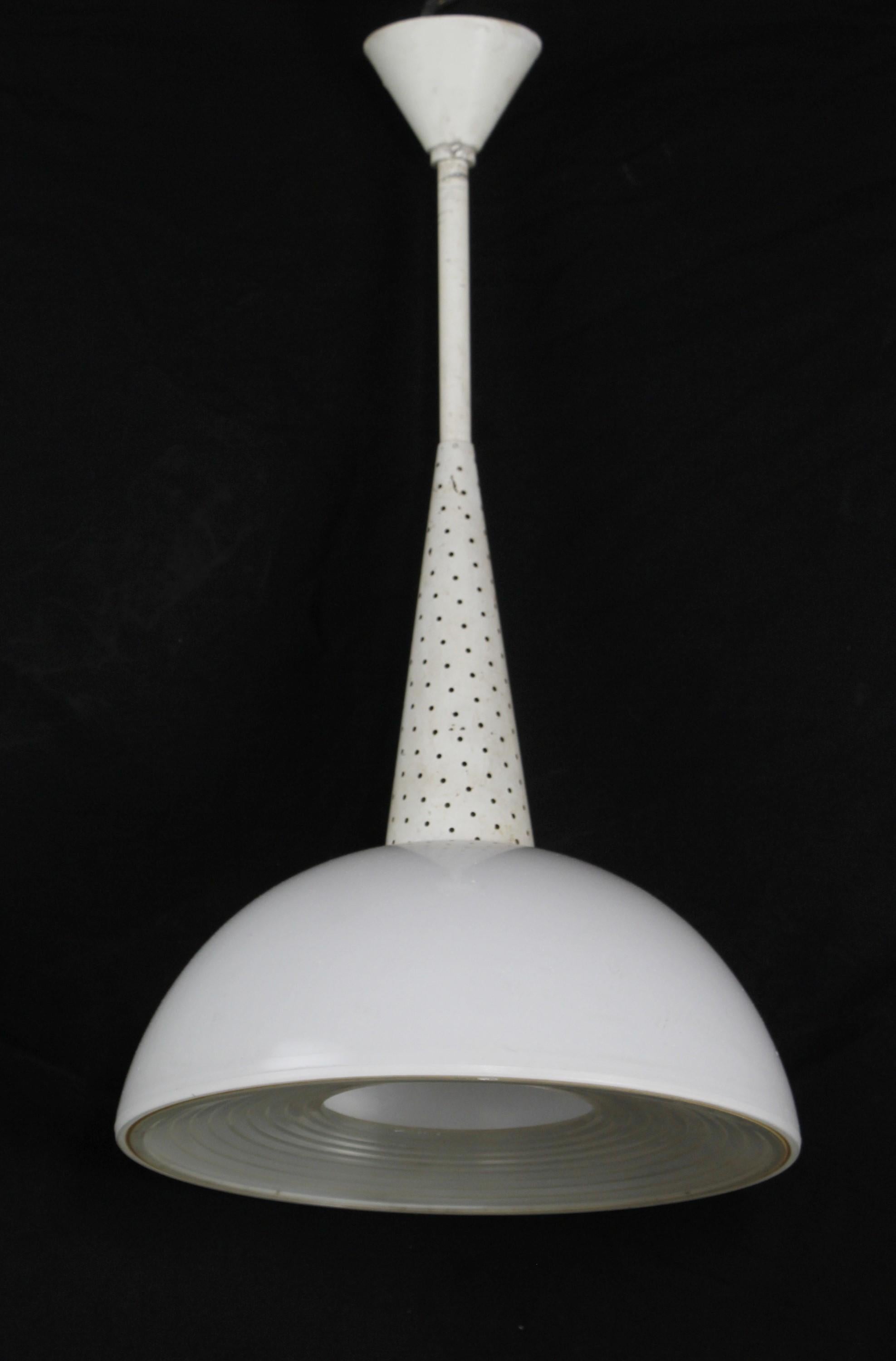 Mid-Century Modern Industrial White Milk Glass & Steel Pendant Light with Glass Bottom Shade
