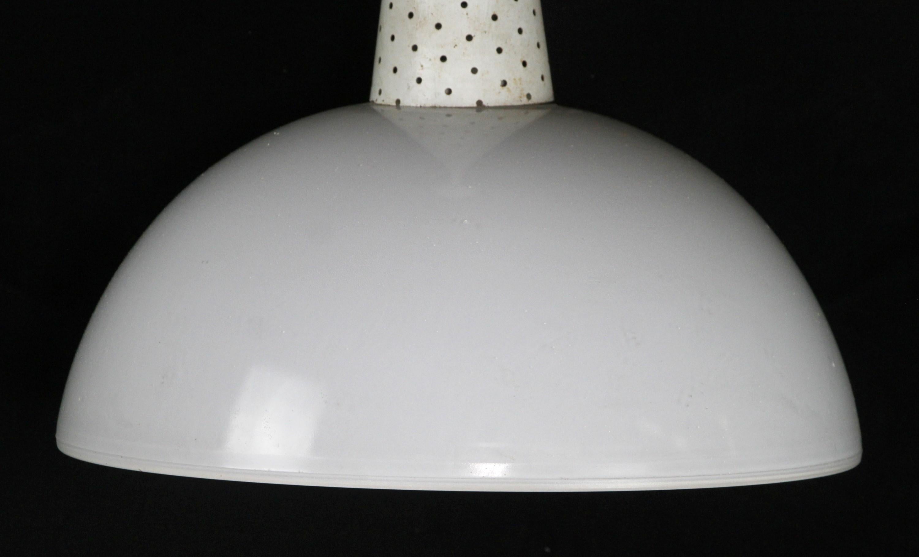 Industrial White Milk Glass & Steel Pendant Light with Glass Bottom Shade In Good Condition In New York, NY