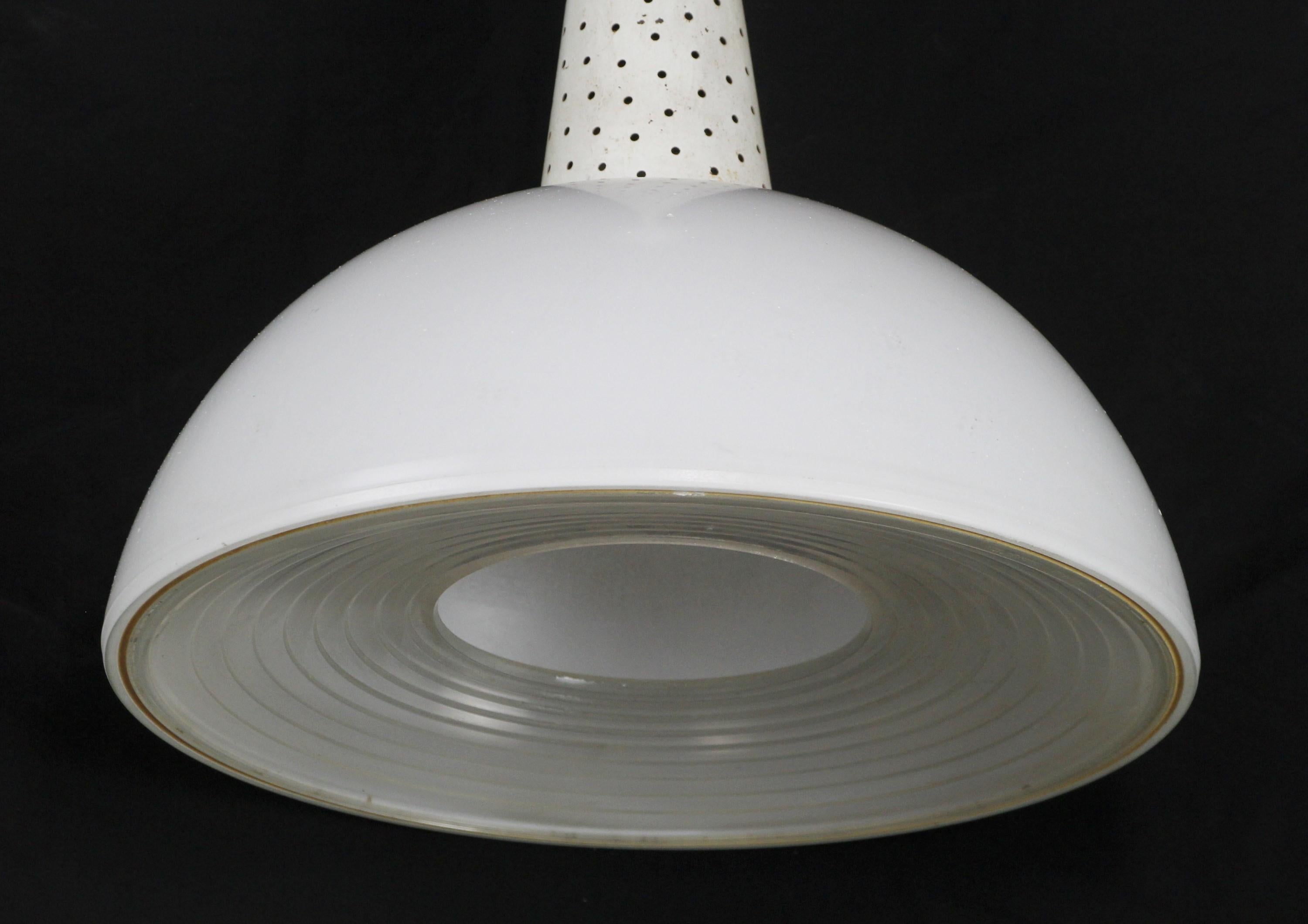 20th Century Industrial White Milk Glass & Steel Pendant Light with Glass Bottom Shade