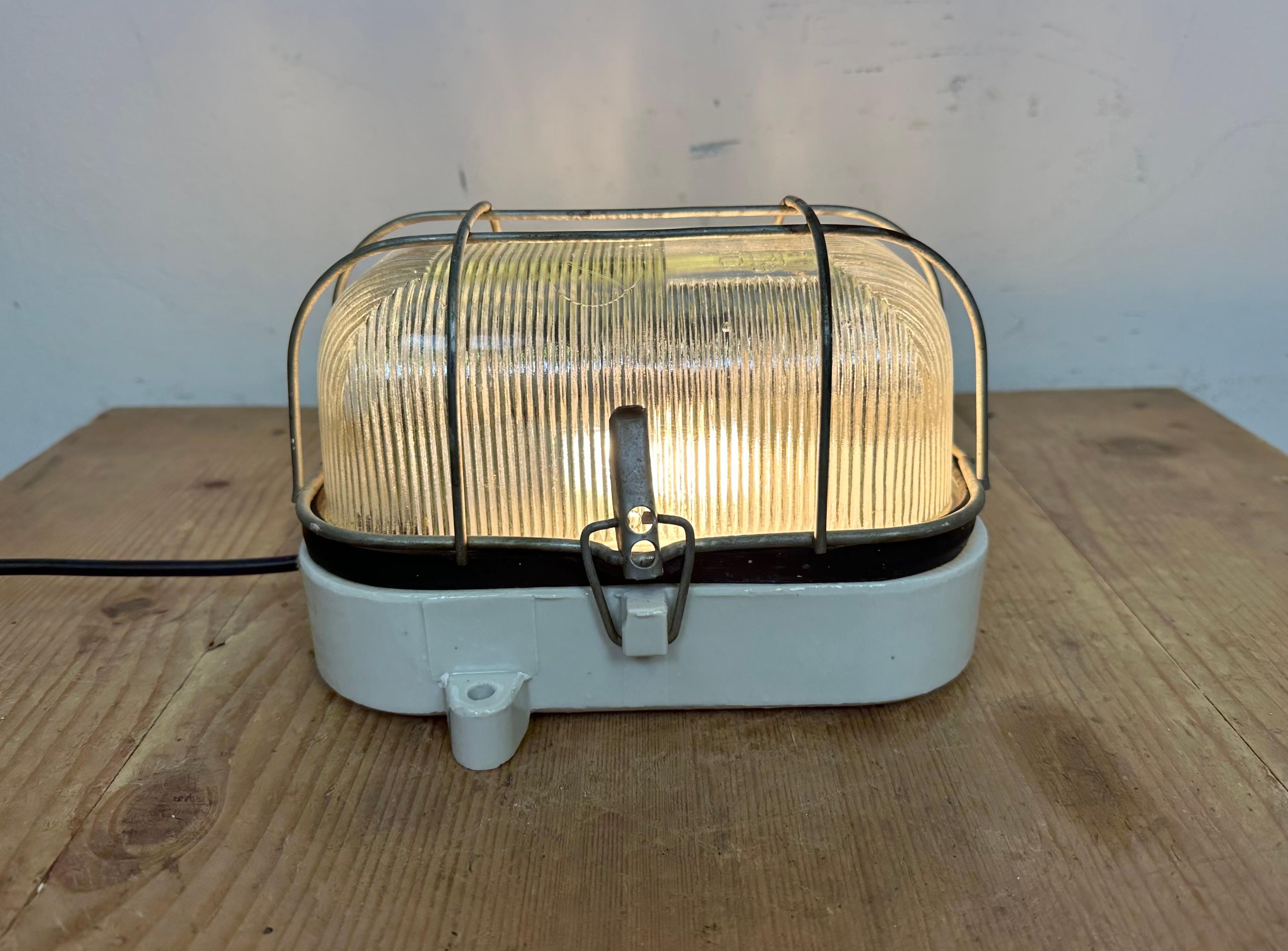 Industrial White Porcelain Cage Wall Light with Ribbed Glass, 1970s For Sale 12