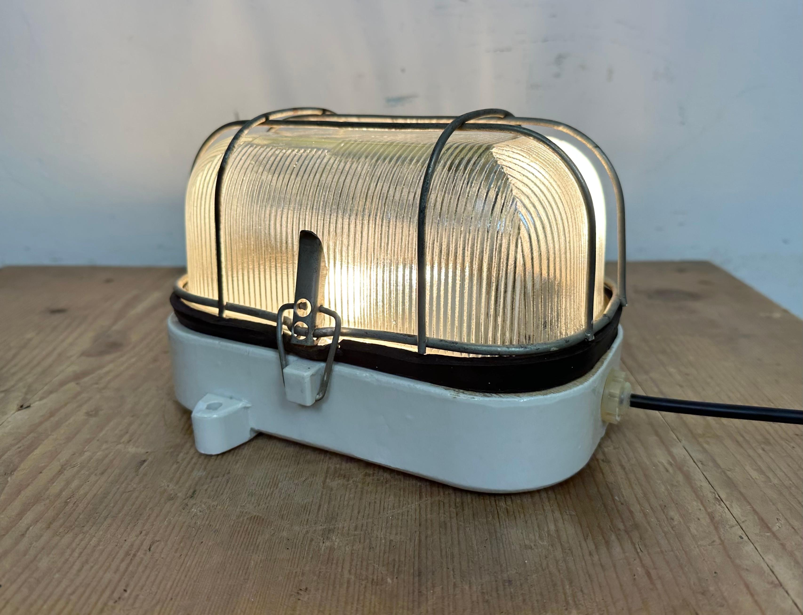 Industrial White Porcelain Cage Wall Light with Ribbed Glass, 1970s For Sale 13