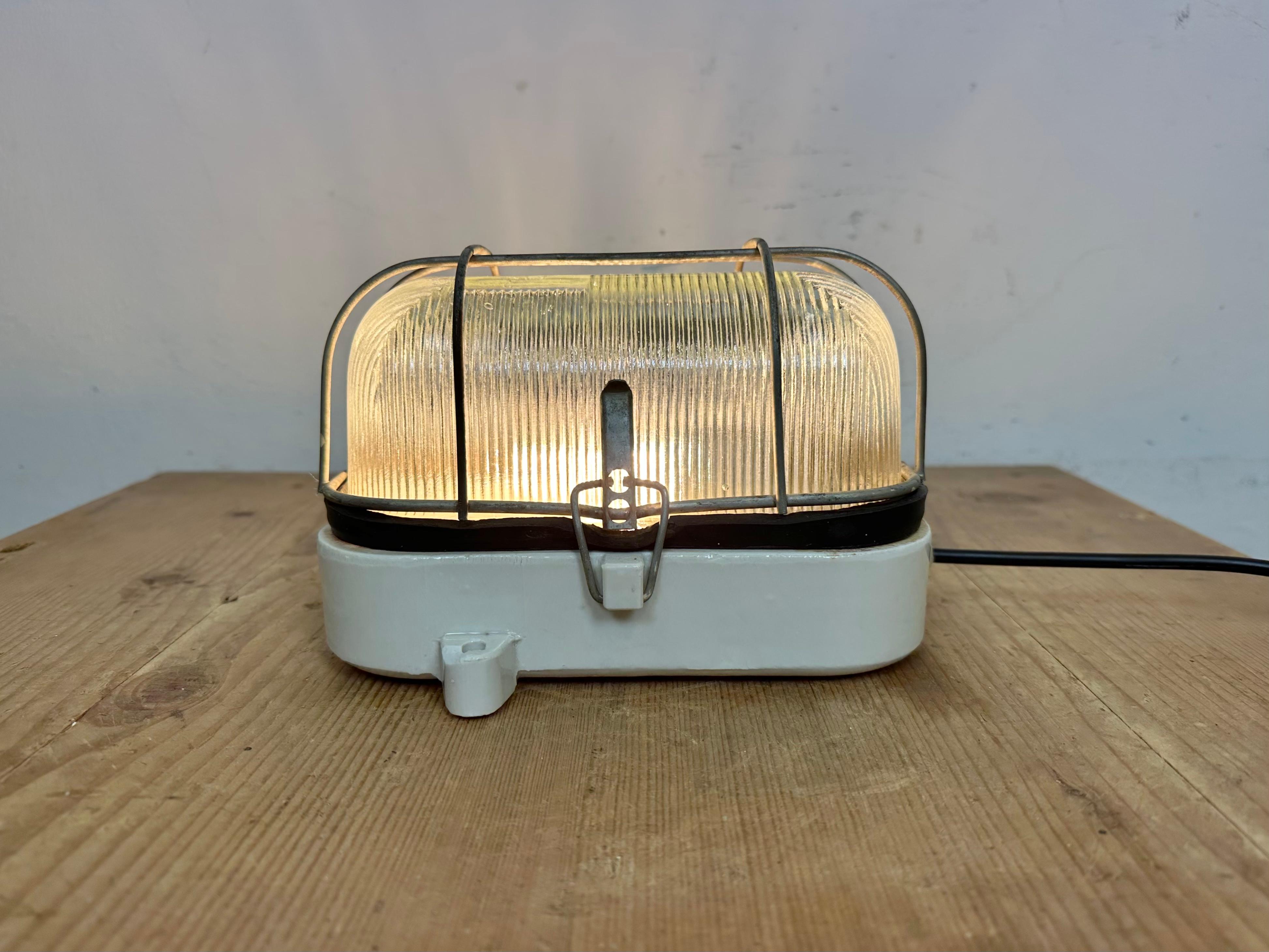 Industrial White Porcelain Cage Wall Light with Ribbed Glass, 1970s For Sale 14