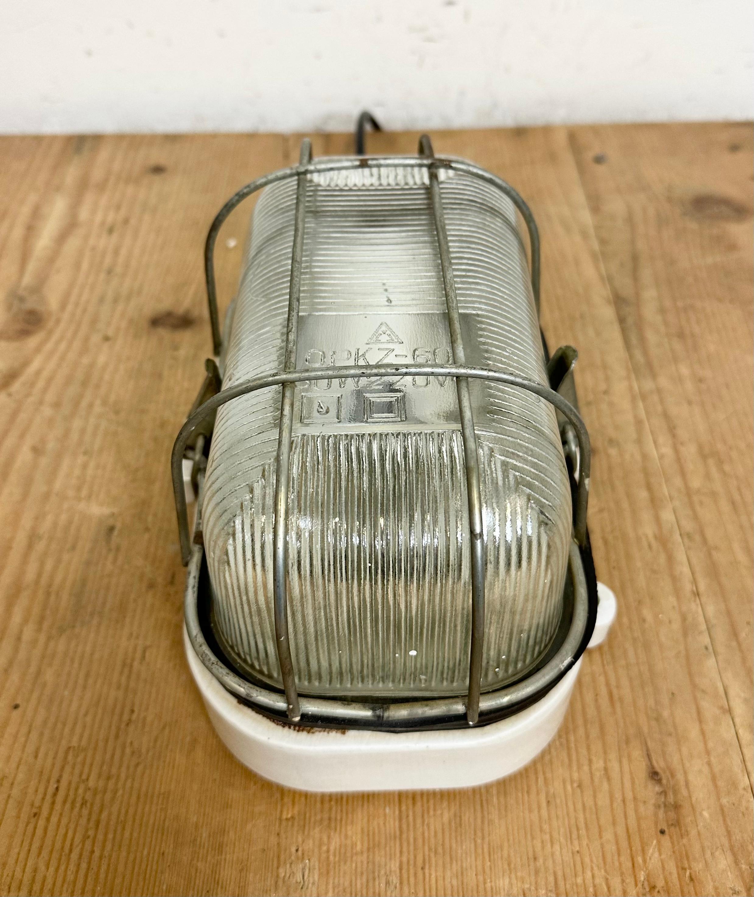 Industrial White Porcelain Cage Wall Light with Ribbed Glass, 1970s For Sale 1