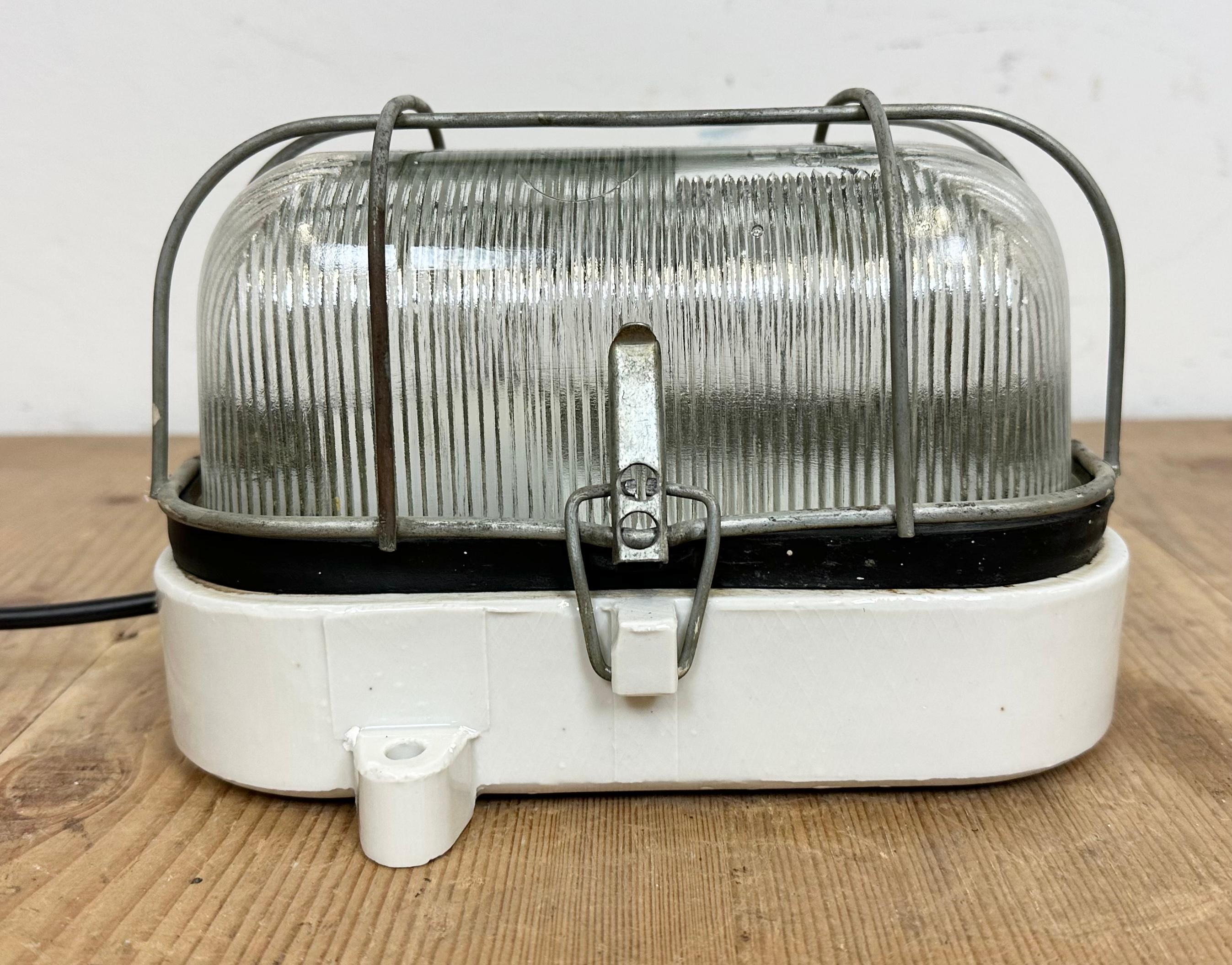 Industrial White Porcelain Cage Wall Light with Ribbed Glass, 1970s For Sale 3
