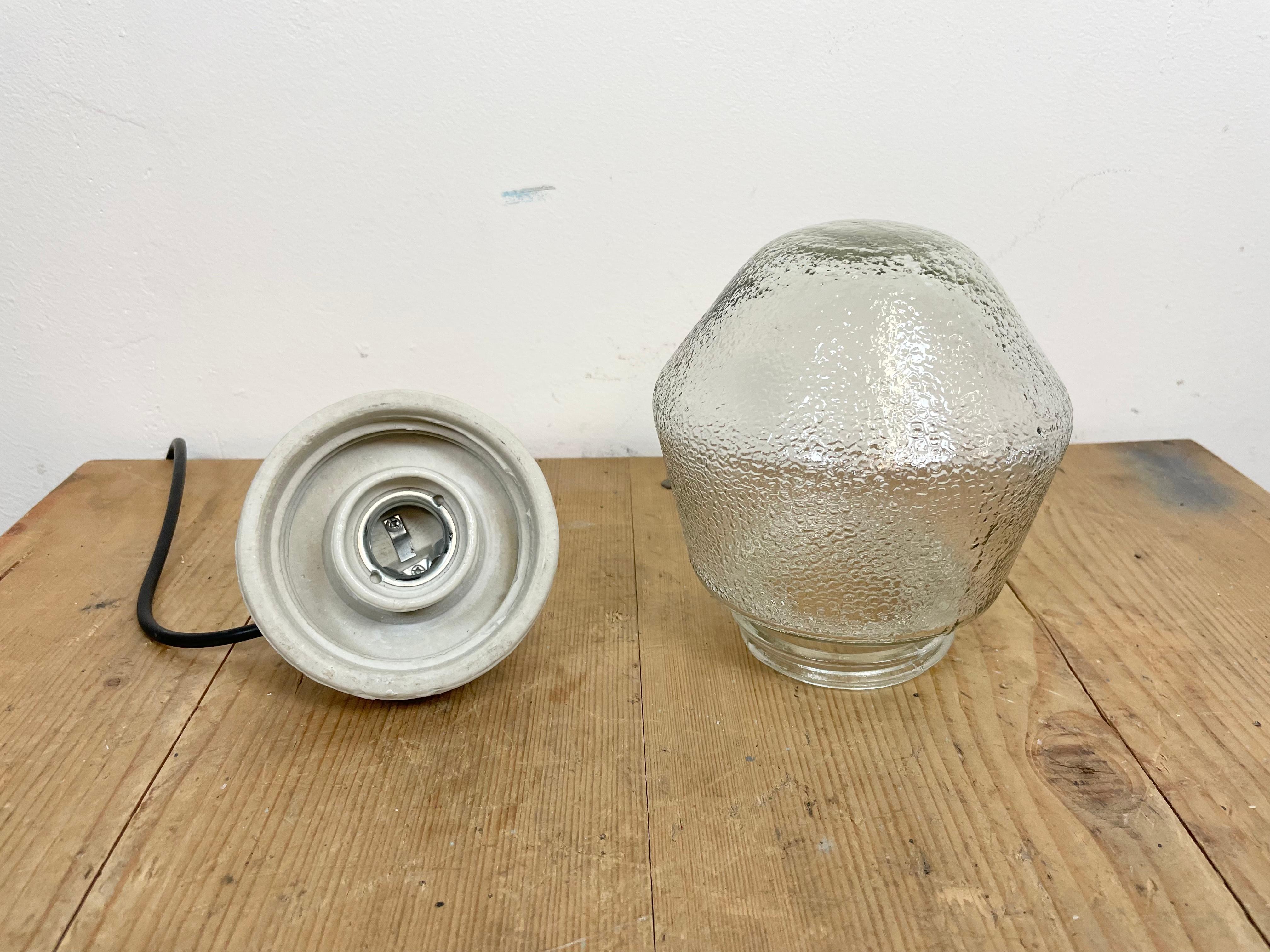 Industrial White Porcelain Pendant Light with Frosted Clear Glass, 1970s For Sale 5