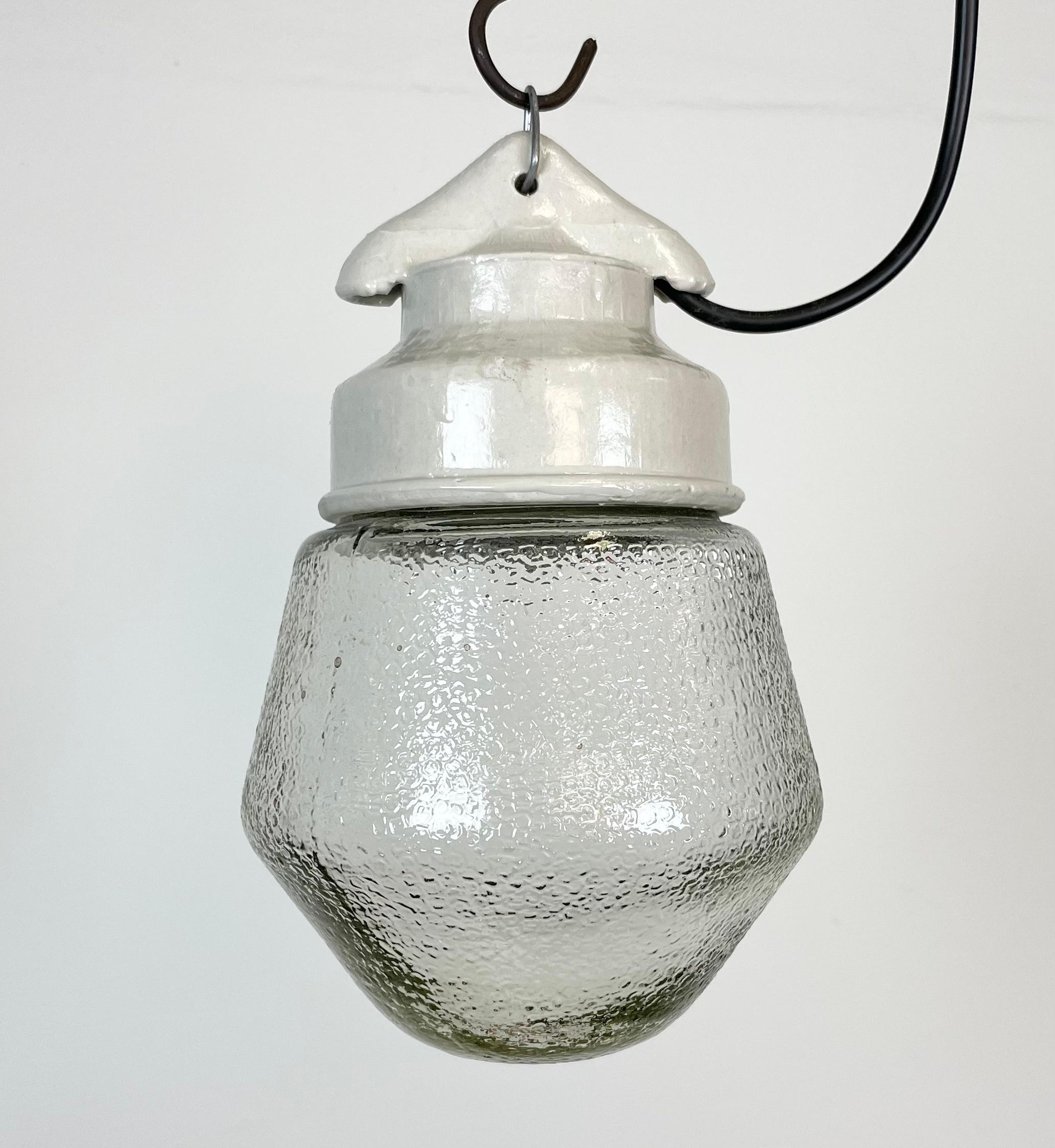 Russian Industrial White Porcelain Pendant Light with Frosted Clear Glass, 1970s For Sale