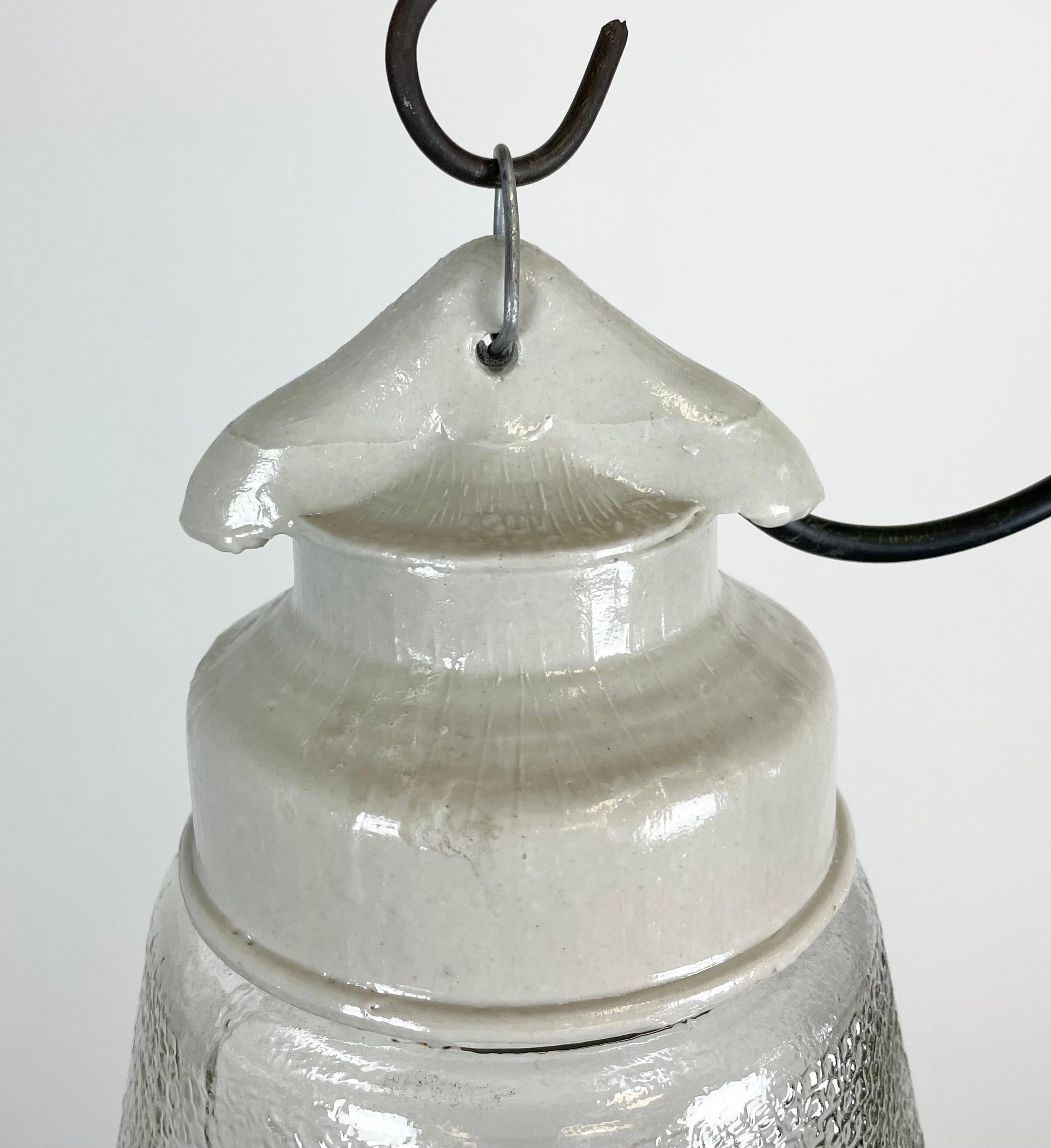 Industrial White Porcelain Pendant Light with Frosted Clear Glass, 1970s In Good Condition For Sale In Kojetice, CZ