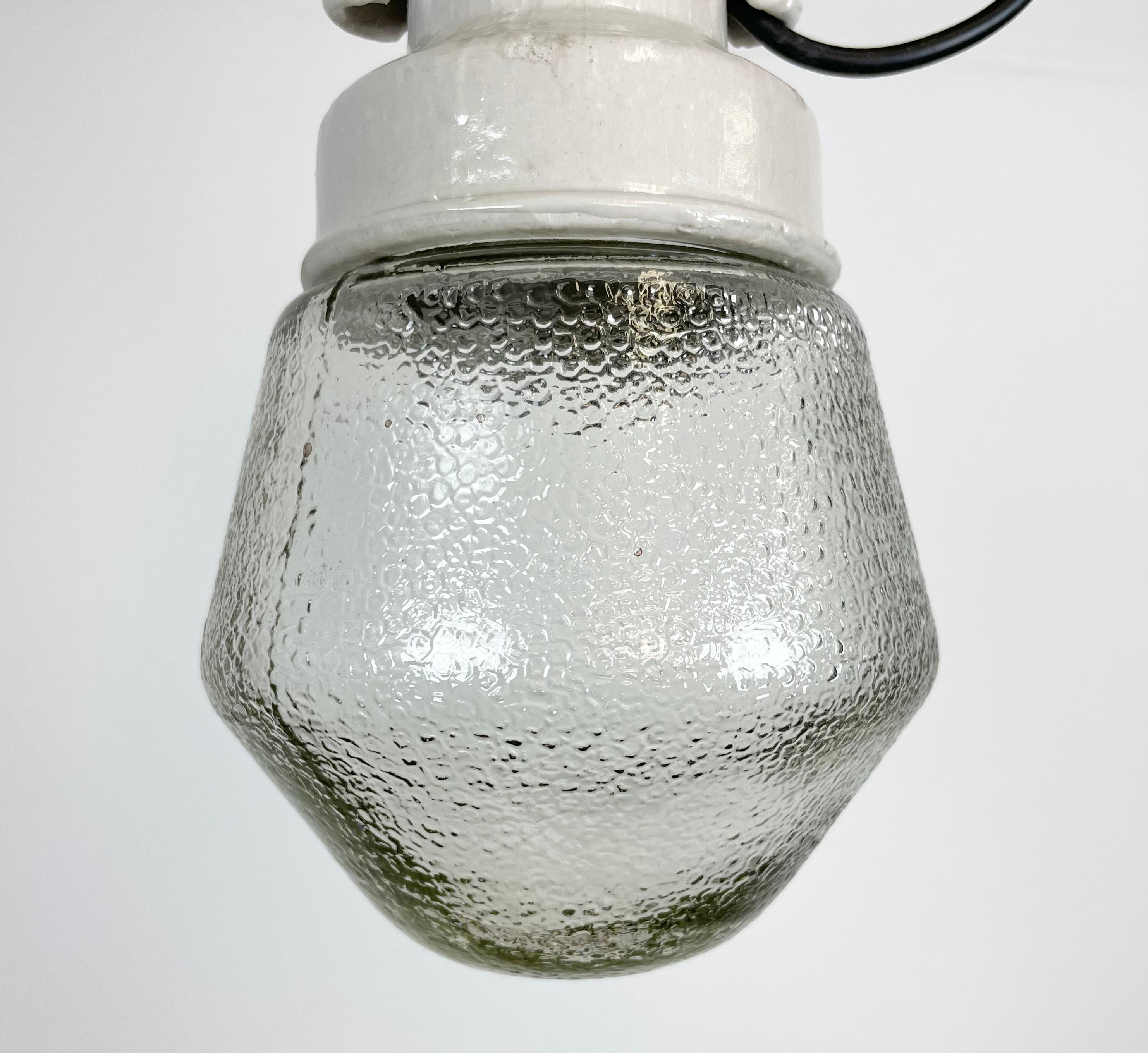 Late 20th Century Industrial White Porcelain Pendant Light with Frosted Clear Glass, 1970s For Sale