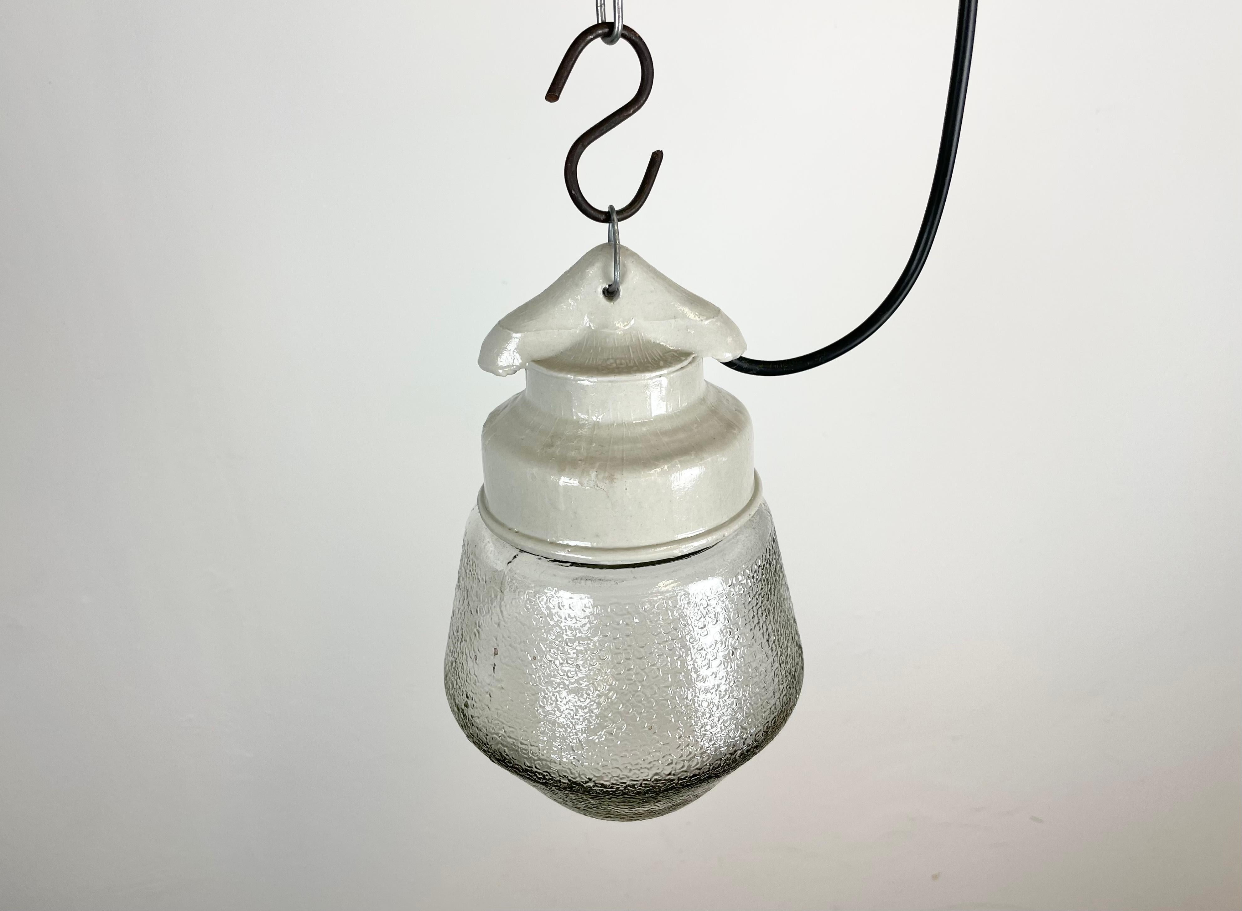 Industrial White Porcelain Pendant Light with Frosted Clear Glass, 1970s For Sale 1