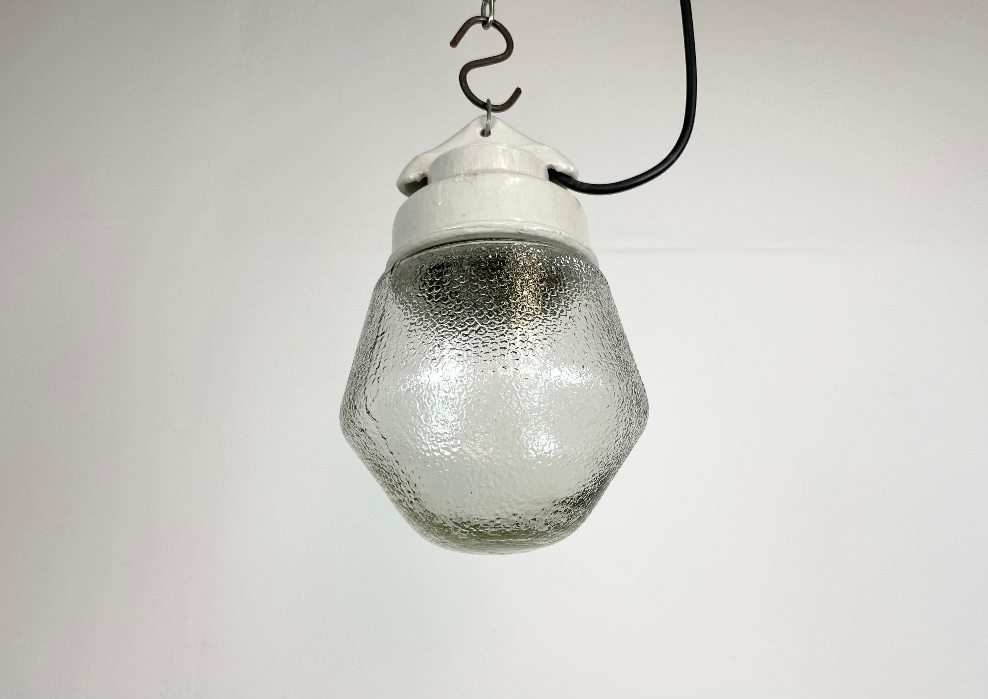 Industrial White Porcelain Pendant Light with Frosted Clear Glass, 1970s For Sale 2