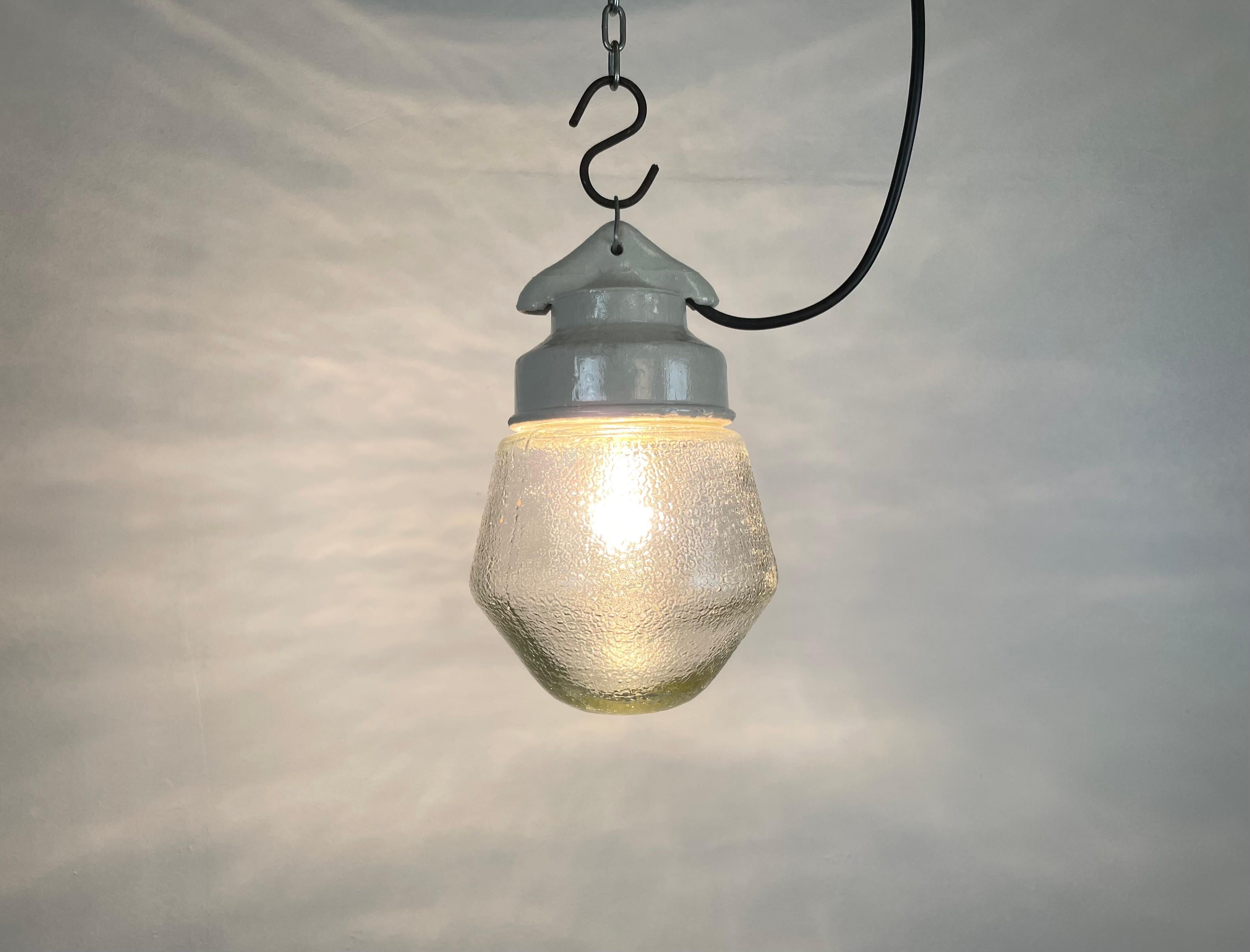 Industrial White Porcelain Pendant Light with Frosted Clear Glass, 1970s For Sale 3