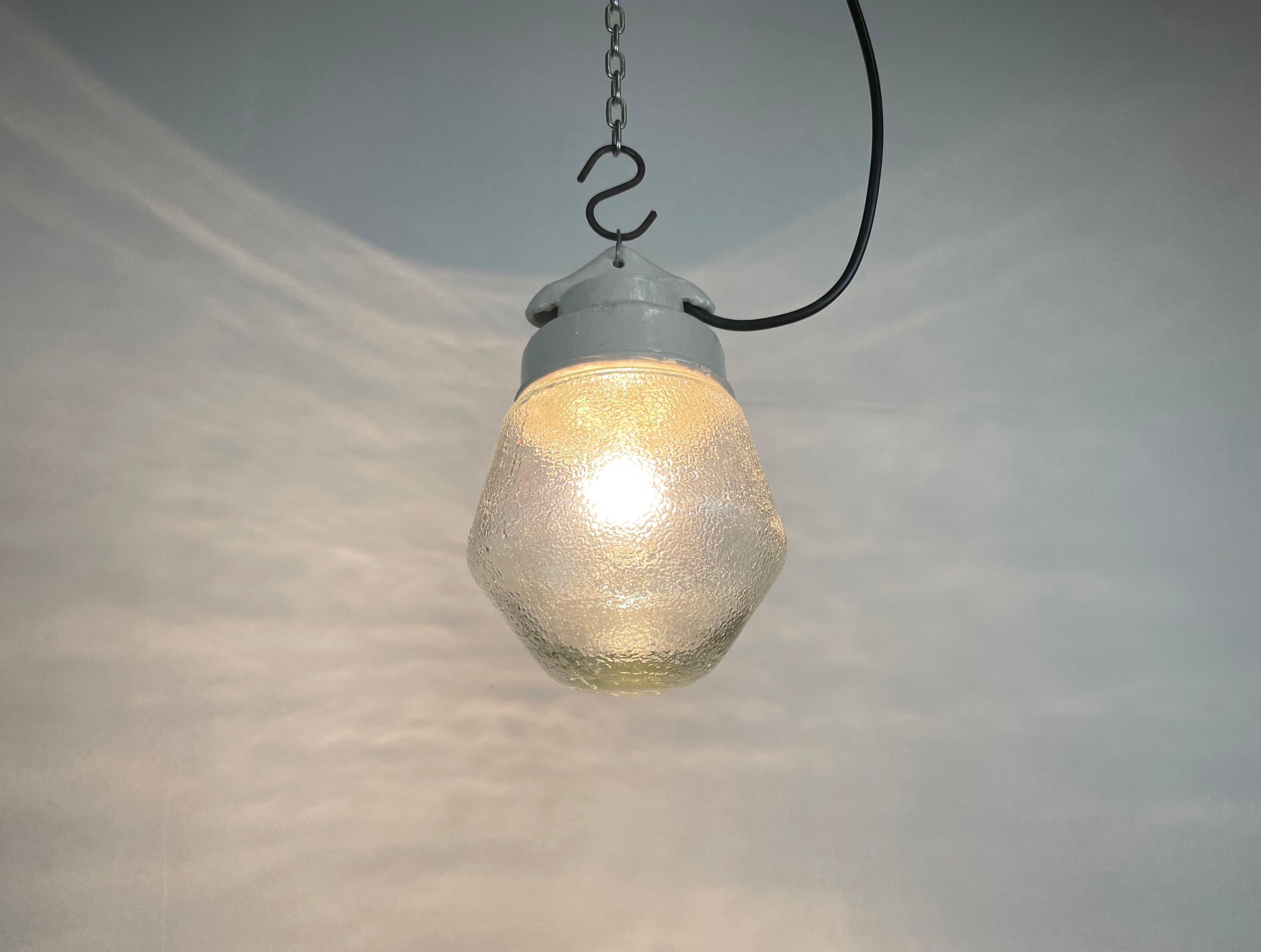 Industrial White Porcelain Pendant Light with Frosted Clear Glass, 1970s For Sale 4