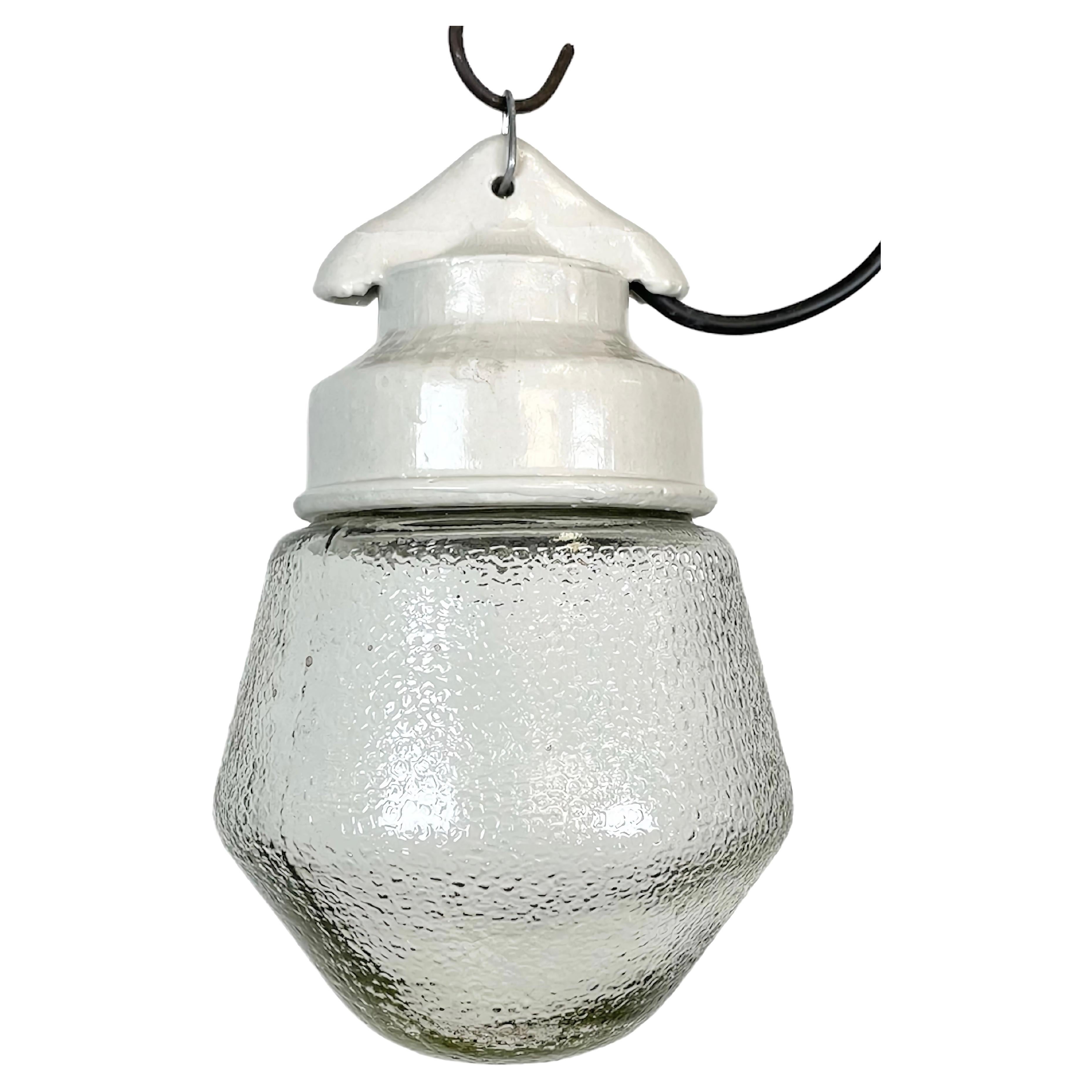 Industrial White Porcelain Pendant Light with Frosted Clear Glass, 1970s For Sale