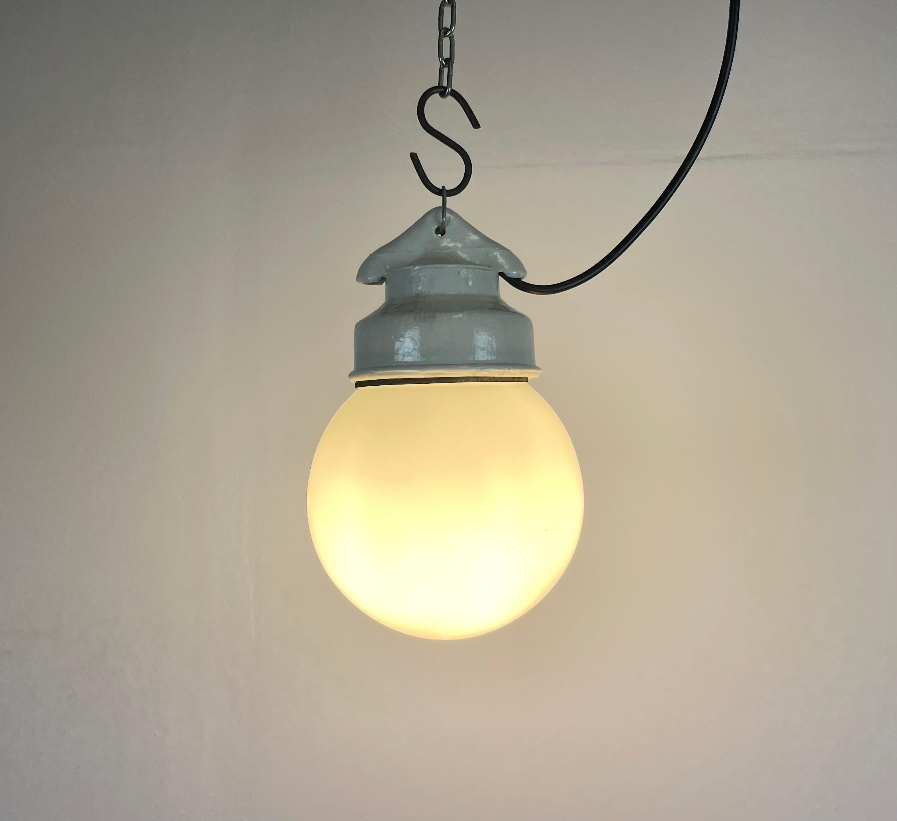 Industrial White Porcelain Pendant Light with Milk Glass, 1970s For Sale 5