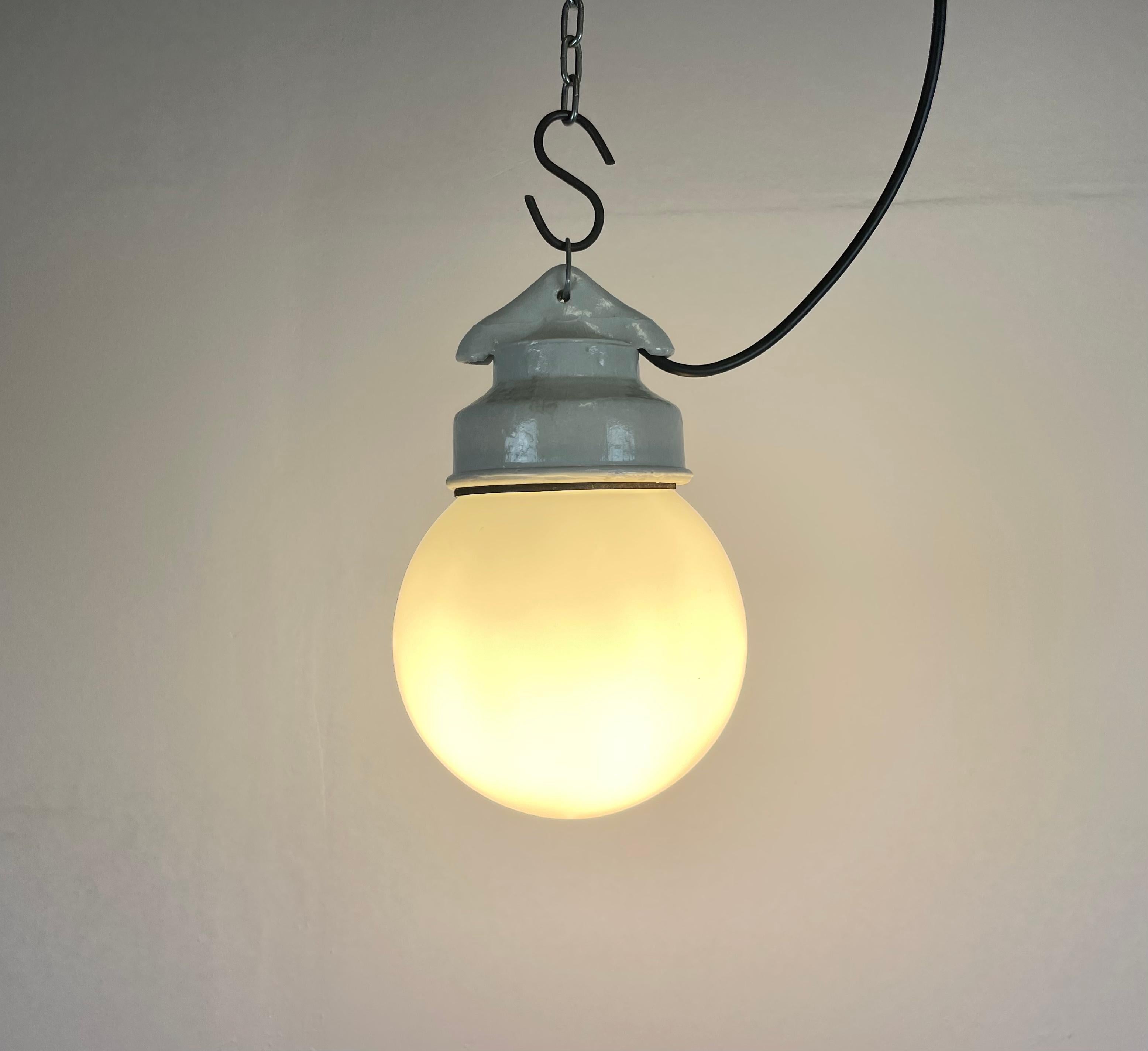 Industrial White Porcelain Pendant Light with Milk Glass, 1970s 5