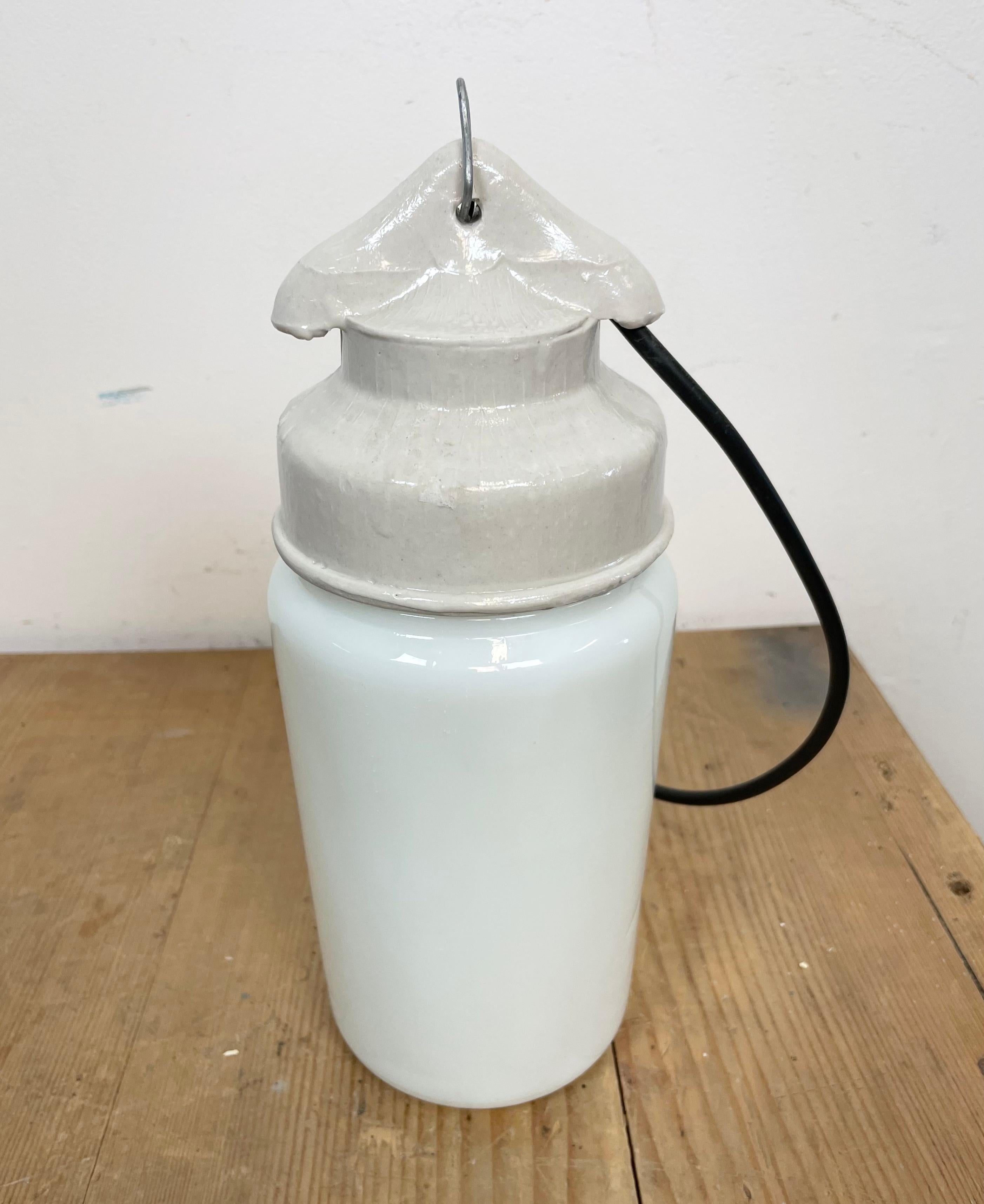 Industrial White Porcelain Pendant Light with Milk Glass, 1970s For Sale 5
