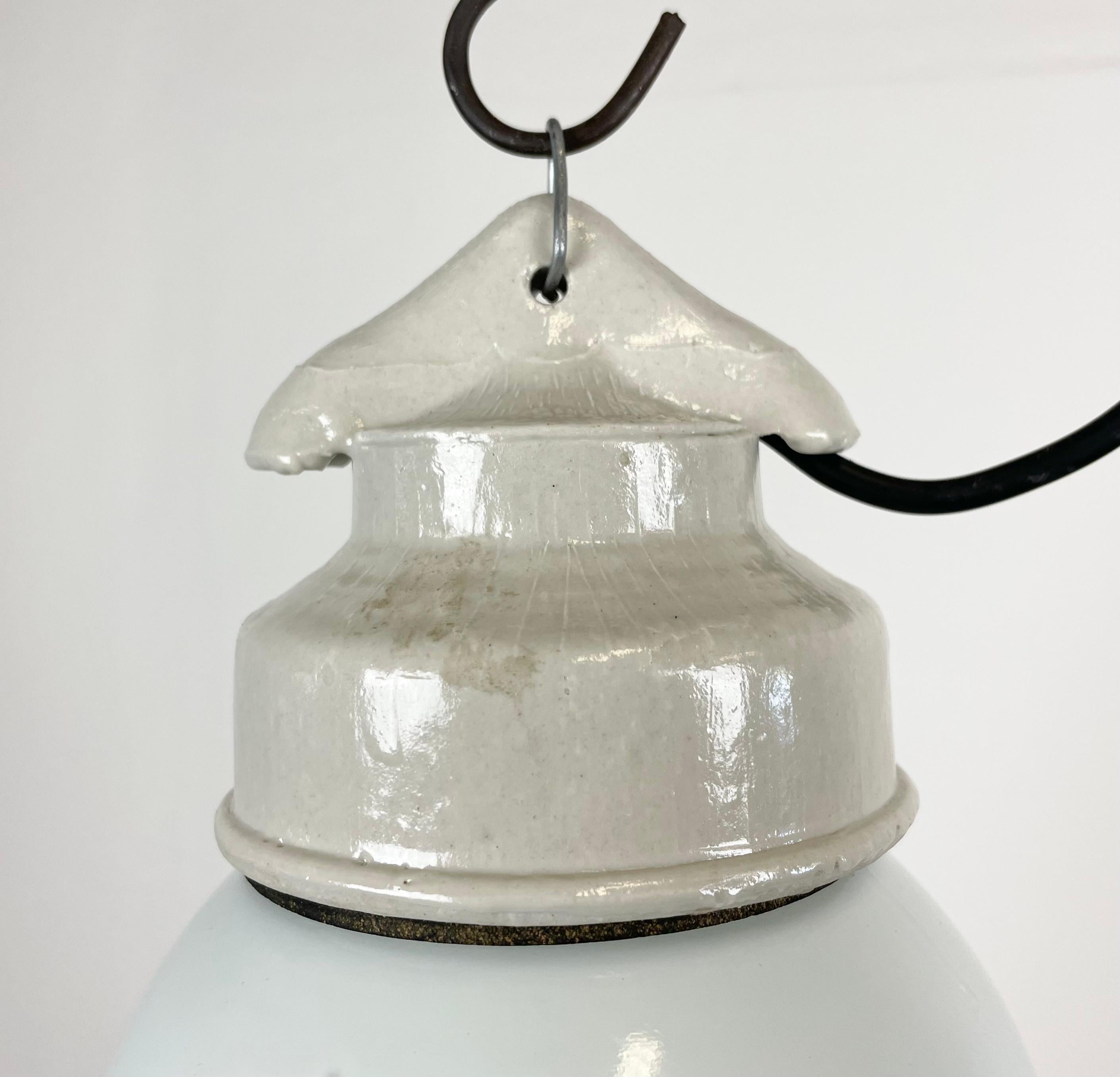 Industrial White Porcelain Pendant Light with Milk Glass, 1970s In Good Condition For Sale In Kojetice, CZ