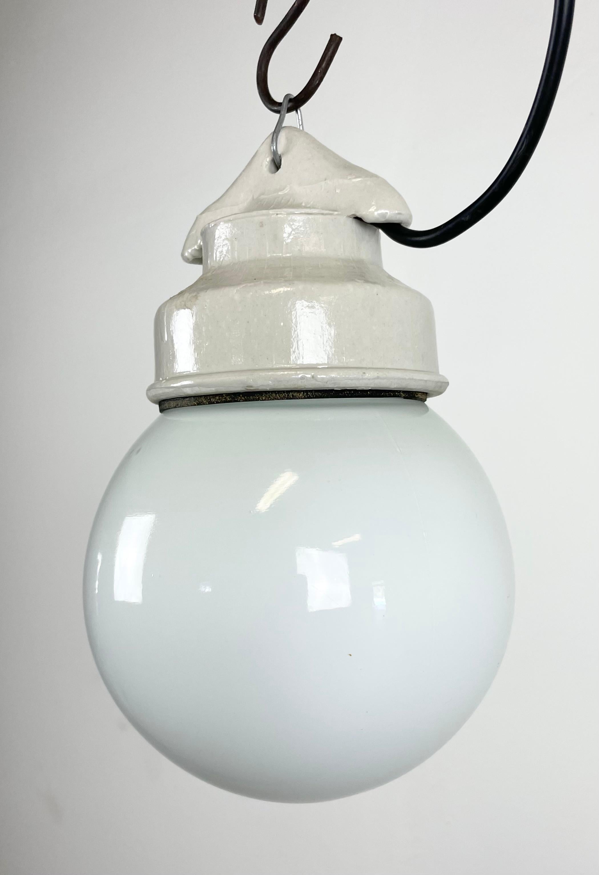 Late 20th Century Industrial White Porcelain Pendant Light with Milk Glass, 1970s For Sale
