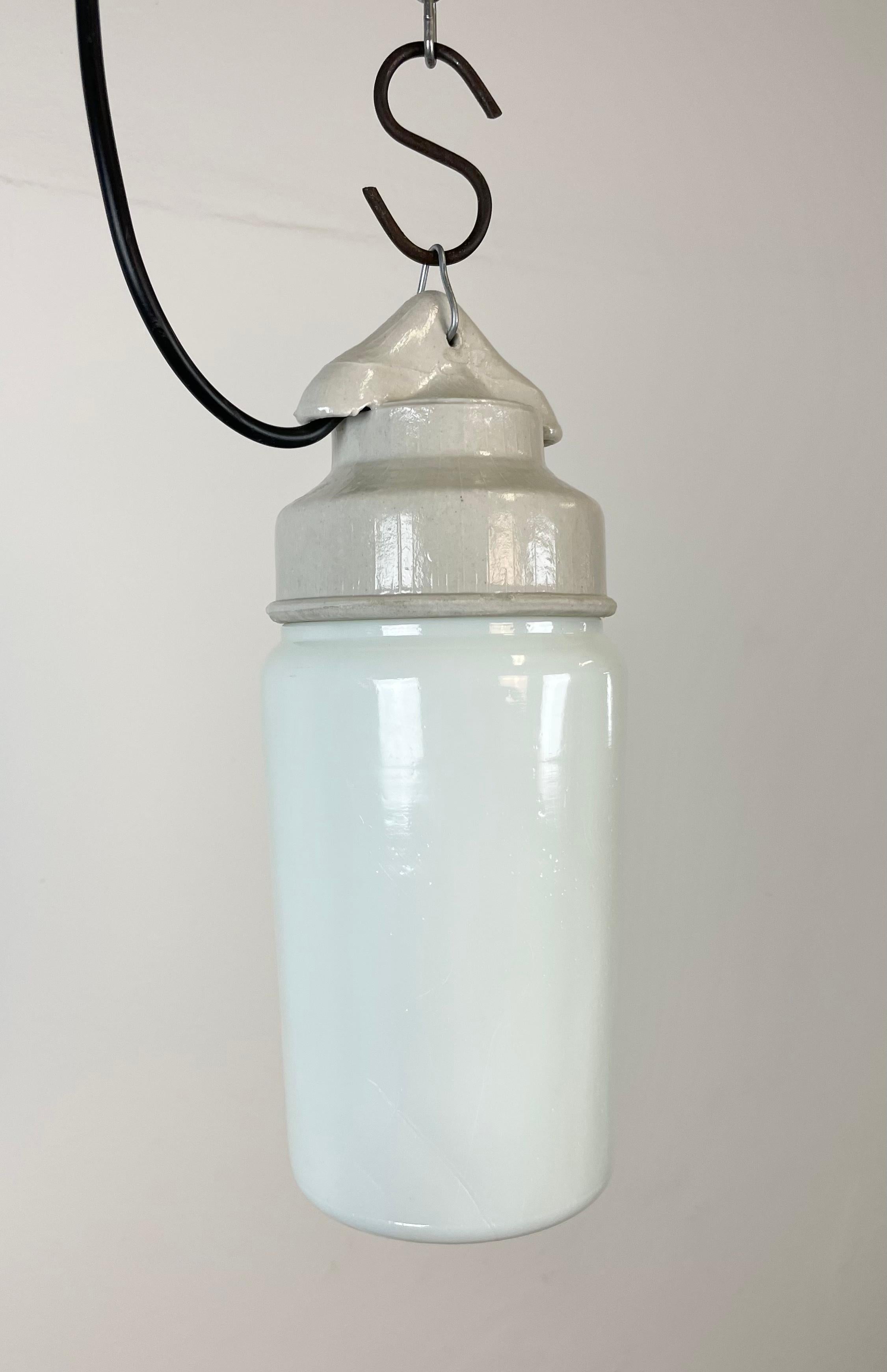 Late 20th Century Industrial White Porcelain Pendant Light with Milk Glass, 1970s For Sale