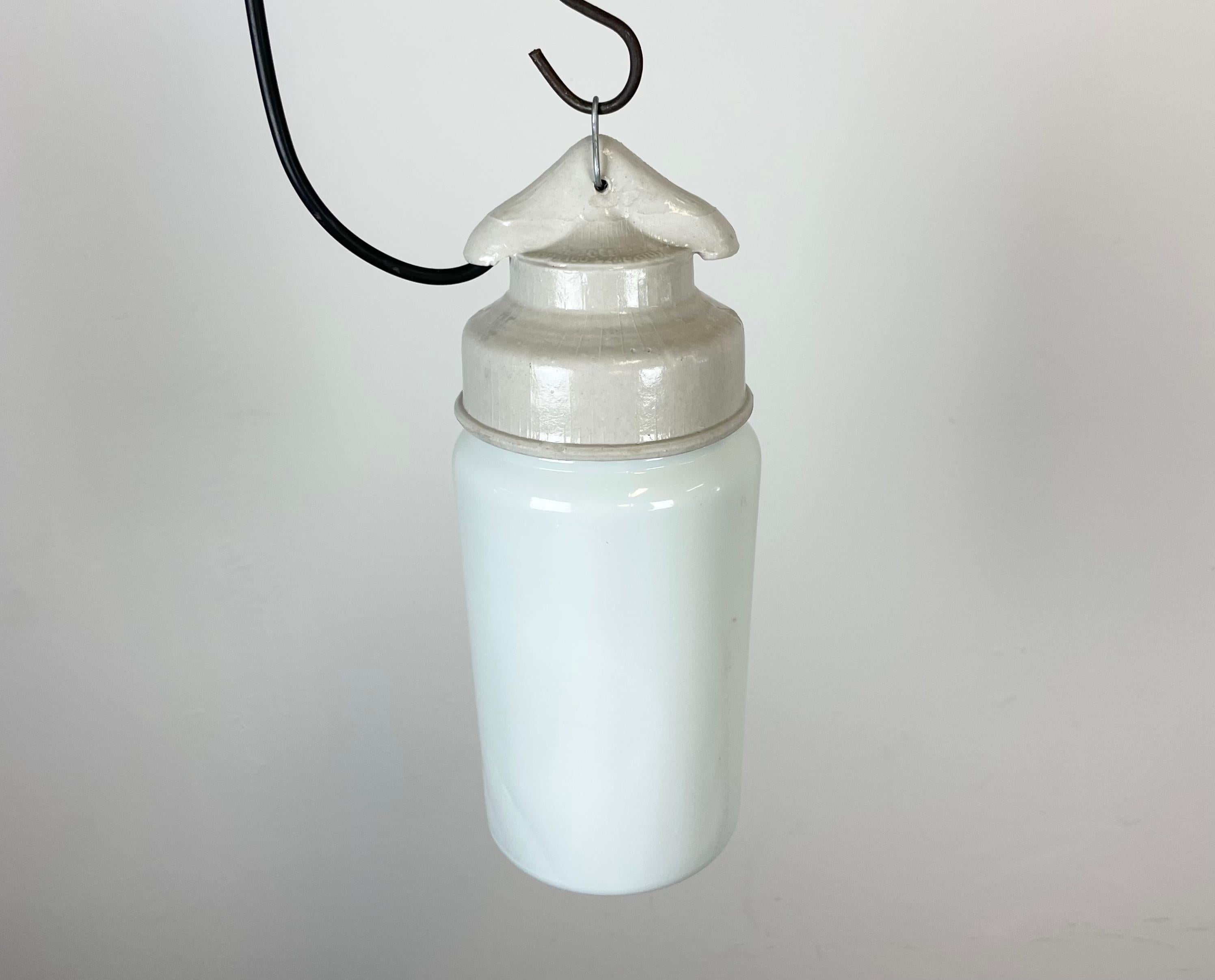 Industrial White Porcelain Pendant Light with Milk Glass, 1970s For Sale 1