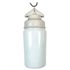 Industrial White Porcelain Pendant Light with Milk Glass, 1970s