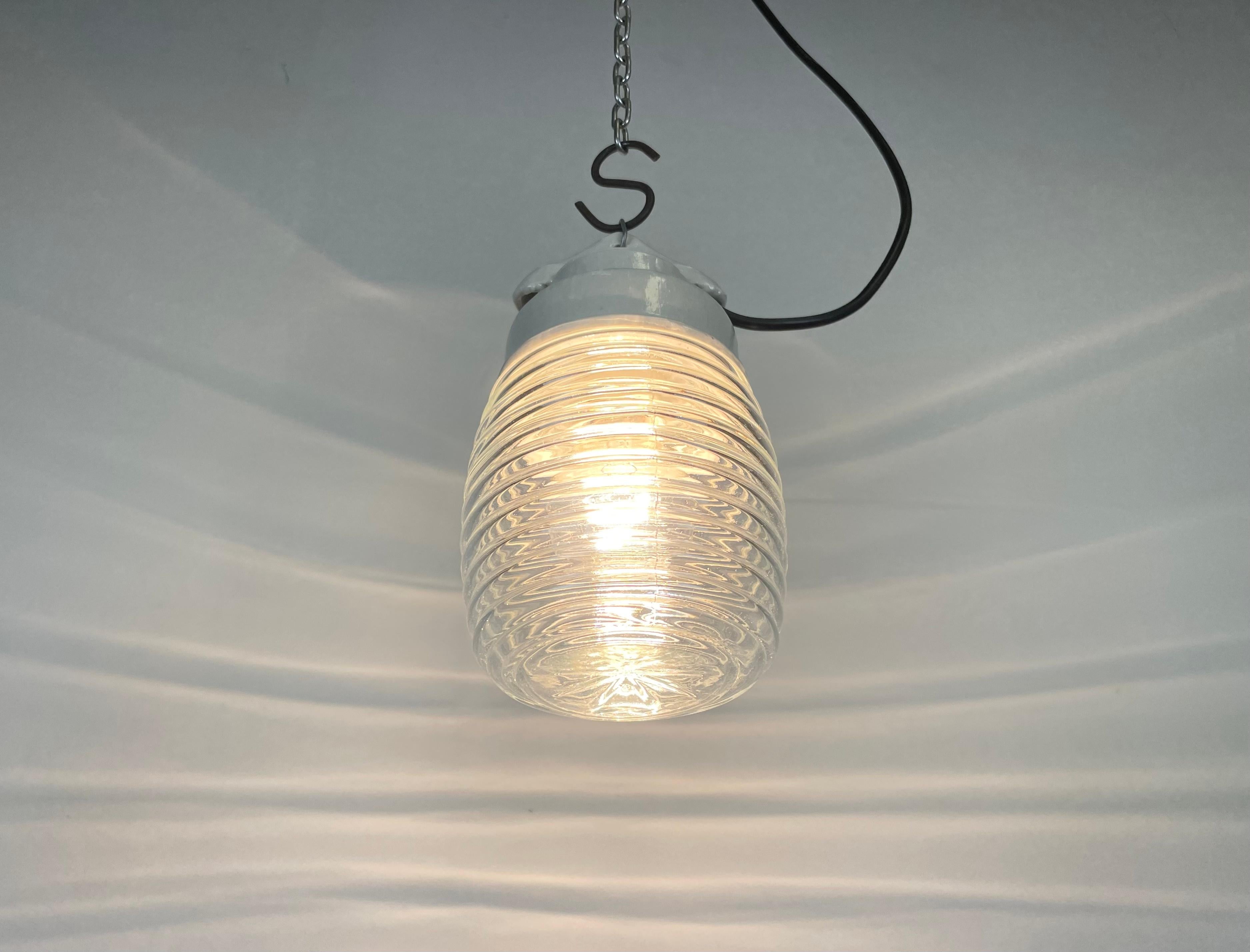 Industrial White Porcelain Pendant Light with Ribbed Clear Glass, 1970s 5