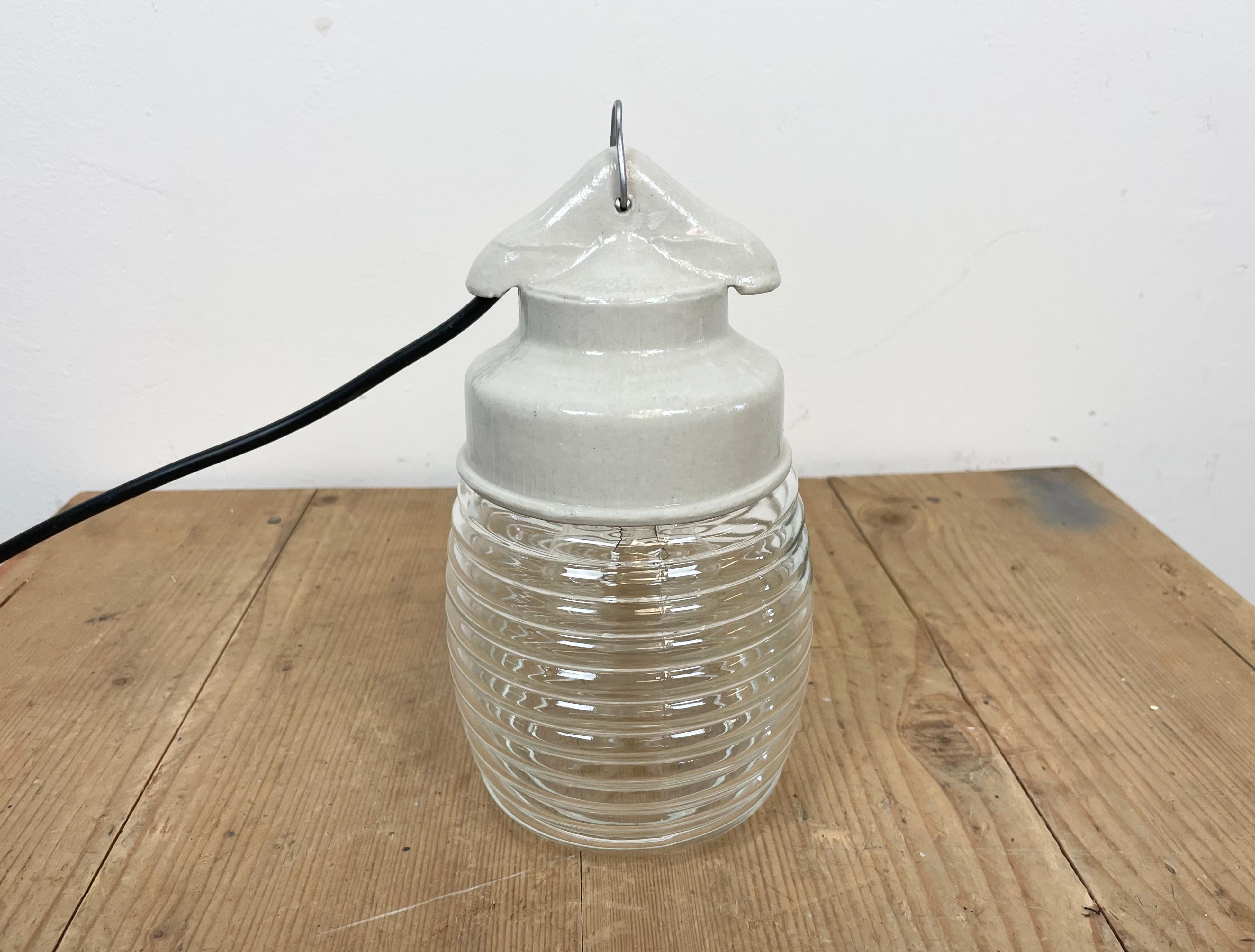 Industrial White Porcelain Pendant Light with Ribbed Clear Glass, 1970s 6