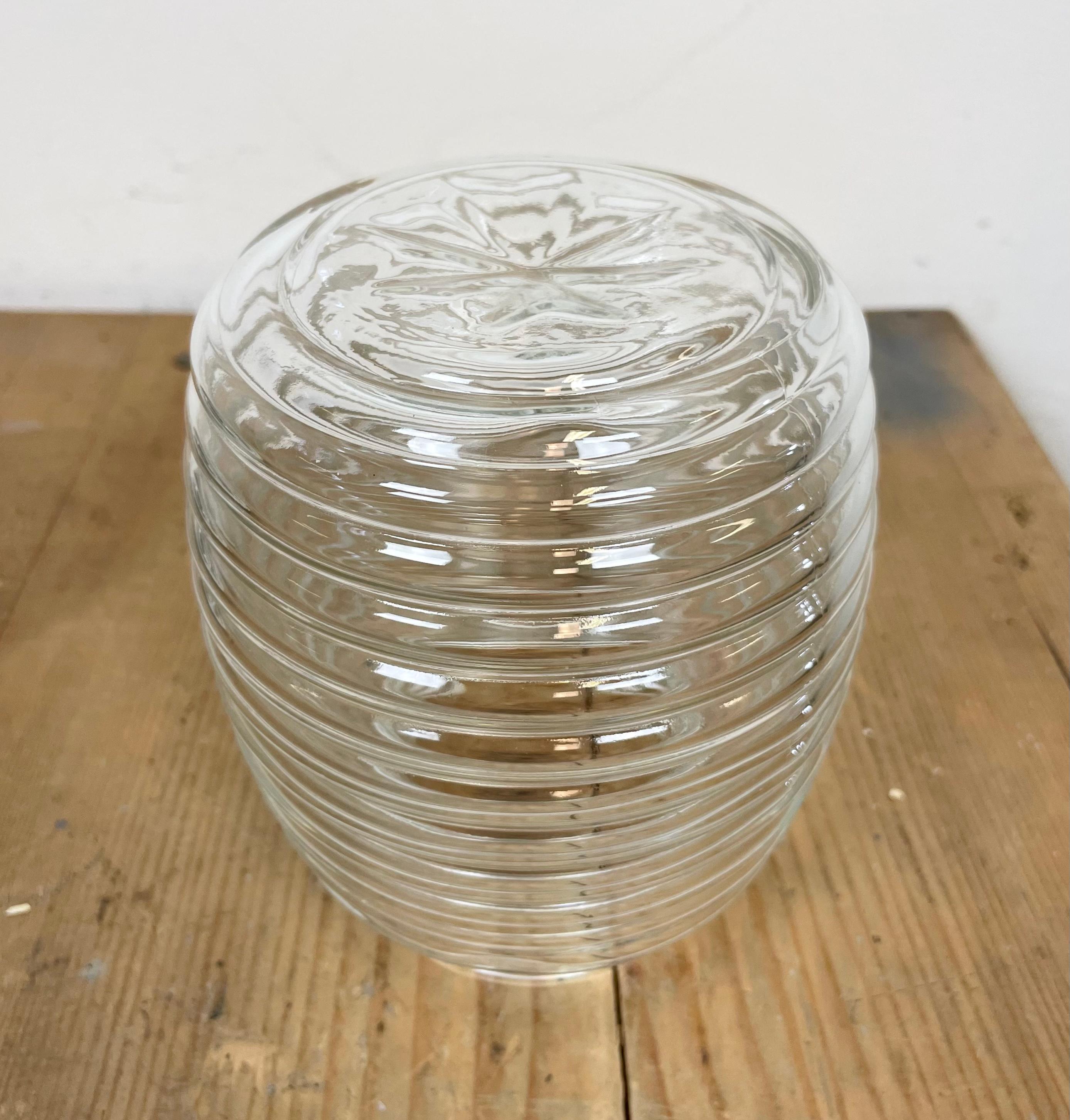 Industrial White Porcelain Pendant Light with Ribbed Clear Glass, 1970s 8