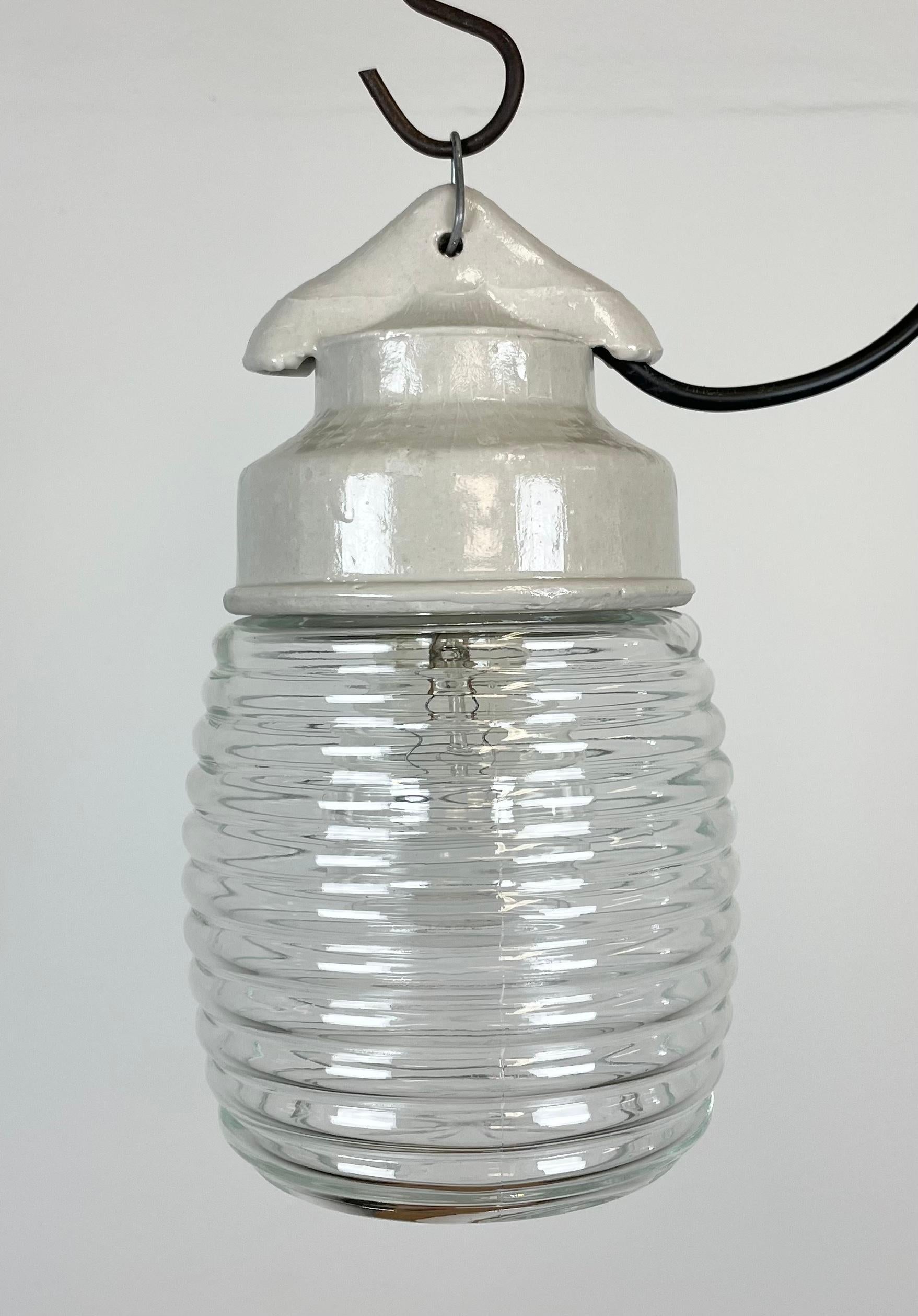 Russian Industrial White Porcelain Pendant Light with Ribbed Clear Glass, 1970s