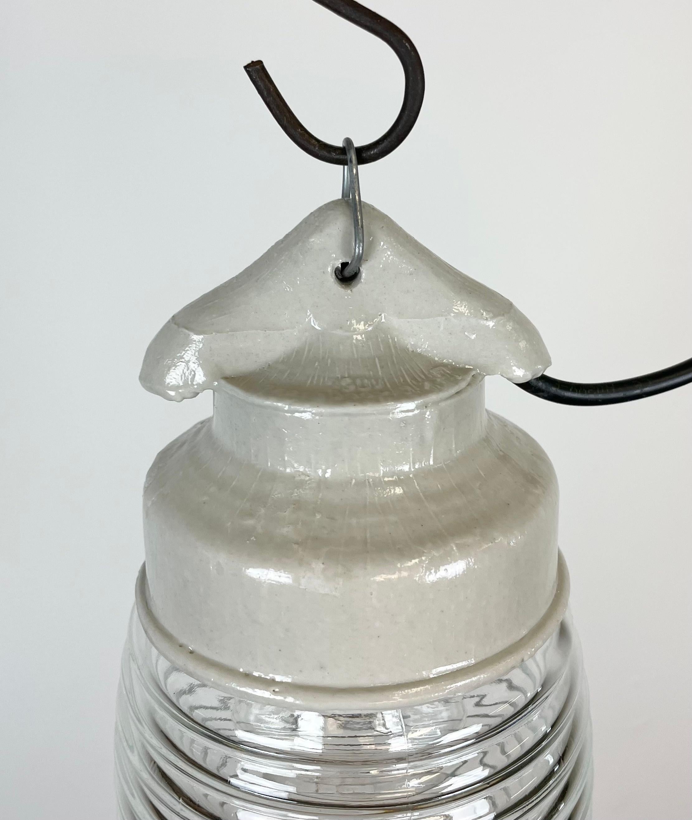Industrial White Porcelain Pendant Light with Ribbed Clear Glass, 1970s In Good Condition In Kojetice, CZ