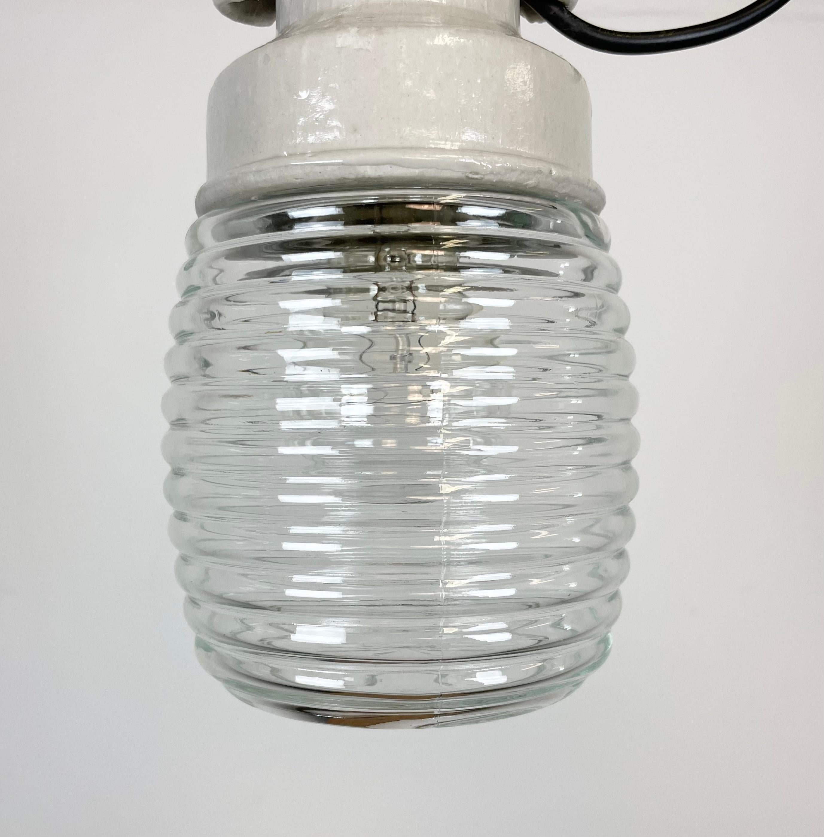 Late 20th Century Industrial White Porcelain Pendant Light with Ribbed Clear Glass, 1970s